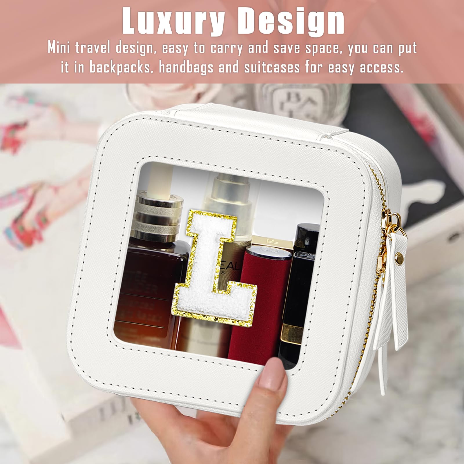 Clear Initial Makeup Bag Set - Travel Cosmetic Organizer with Handle, Transparent Leather Toiletry Bag, Waterproof Portable Makeup Case for Women (Perfect for Travel, Gym, and Everyday Use)