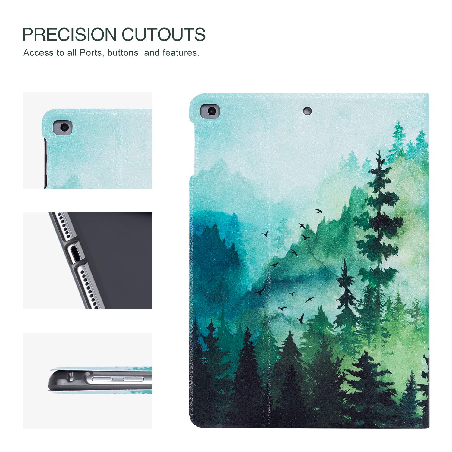 Premium Leather Folio Case for iPad Air 2/1 & iPad 6th/5th Gen (9.7 Inch) - Gofupa Slim Stand Cover with Multiple Viewing Angles | Green Tree Forest Design | Perfect for Work, Travel & Home Use