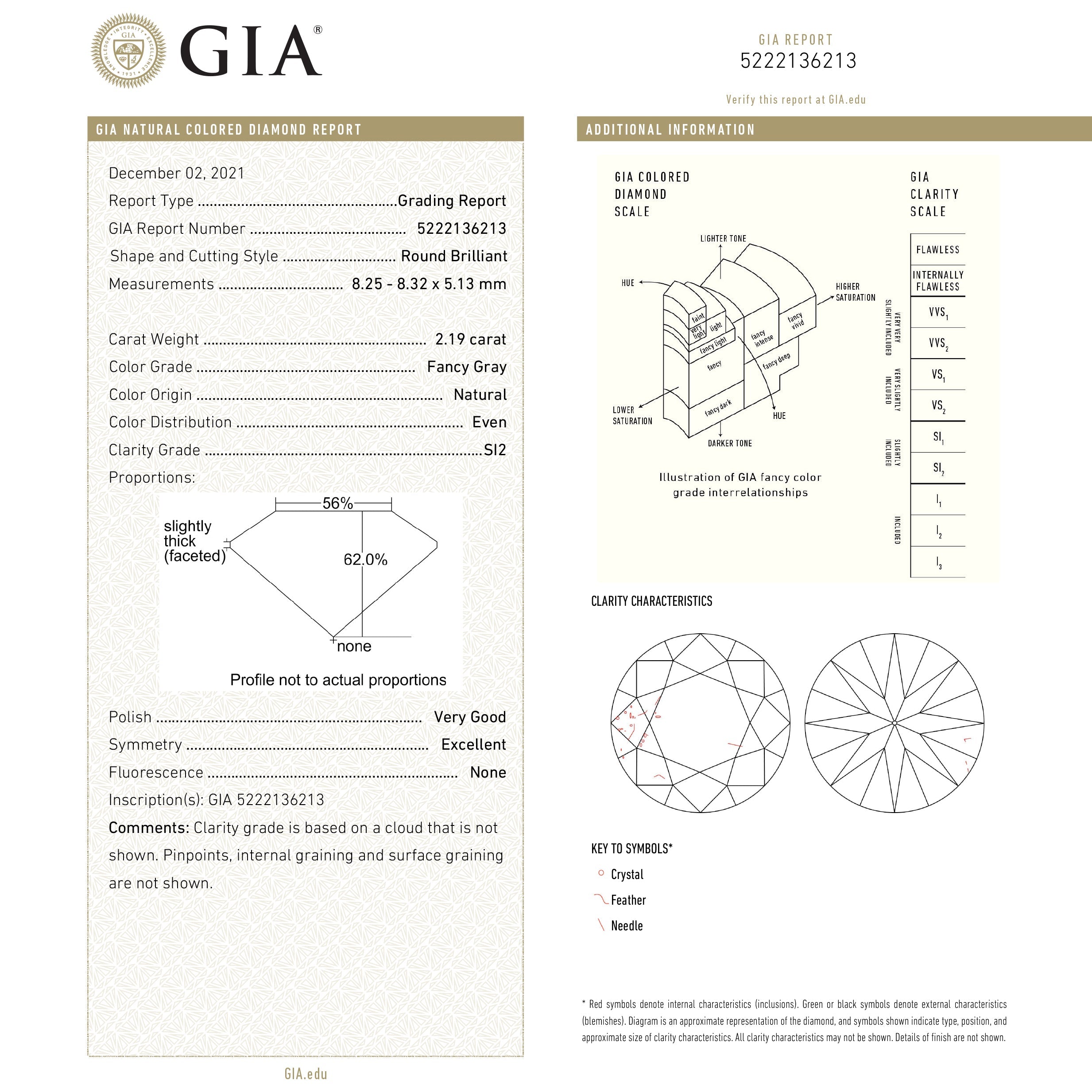 2.19ct GIA Certified Fancy Grey Round Brilliant Diamond - 8.32x8.25x5.13mm SI2 Clarity for Engagement Rings & Fine Jewelry