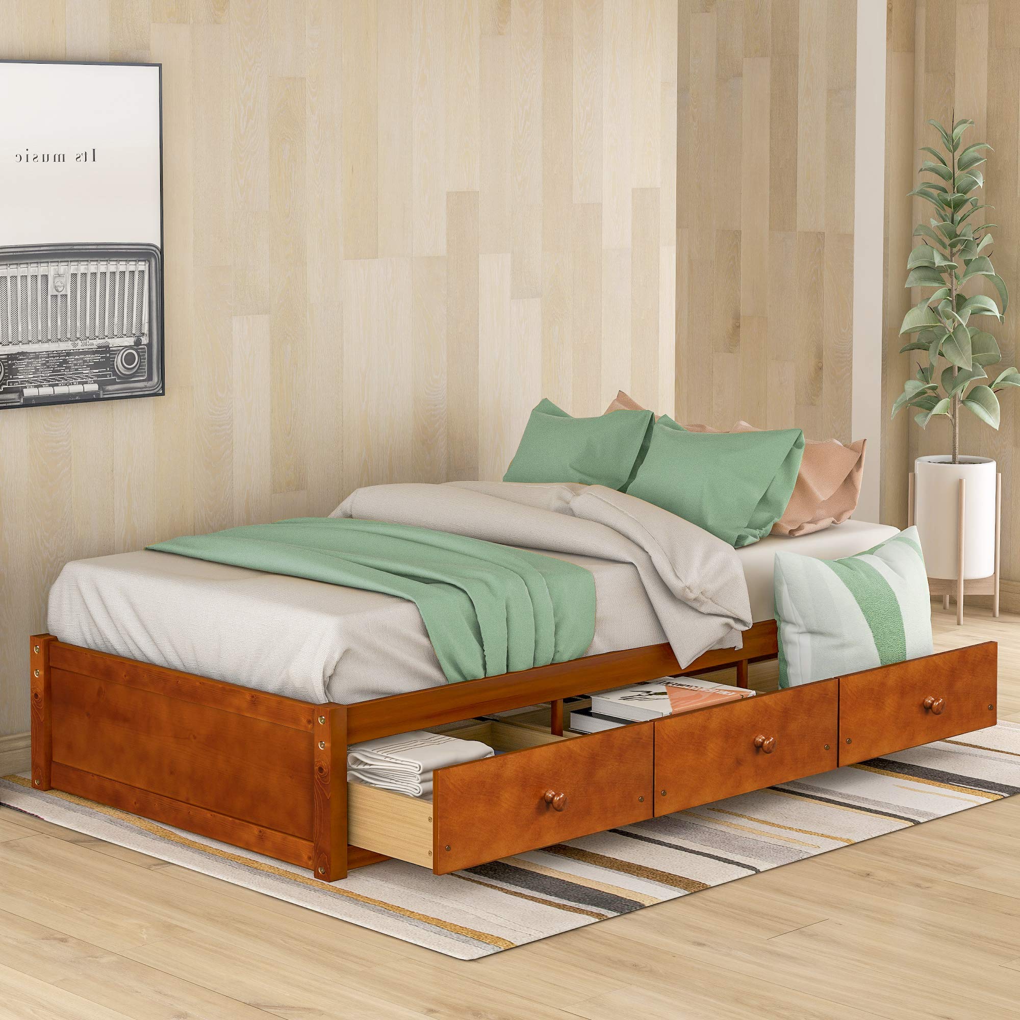 Knocbel Solid Wood Twin Platform Bed Frame with 3 Underbed Storage Drawers - New Oak Finish | Space-Saving Bedroom Furniture for Small Rooms & Dorm Organization