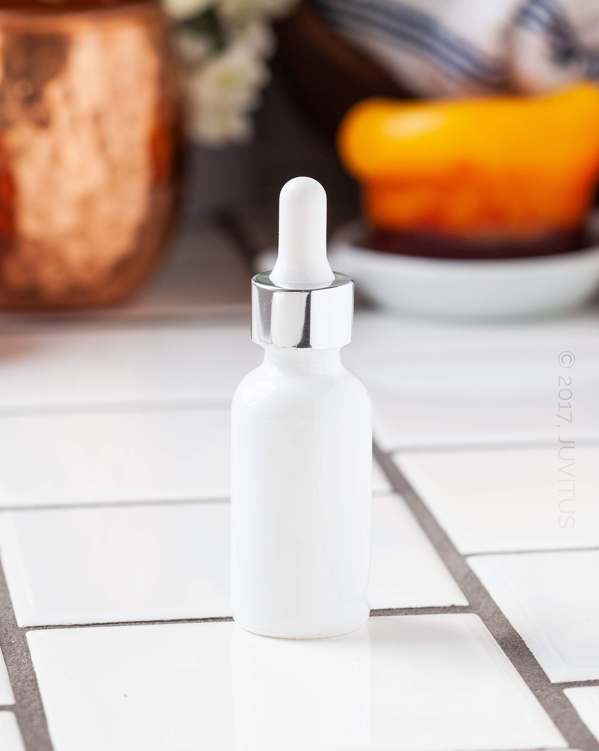 JUVITUS 12-Pack 1 oz Clear Glass Boston Round Bottles with Silver Metal Dropper - High Shine Gloss White for Essential Oils, DIY Skincare & Craft Projects