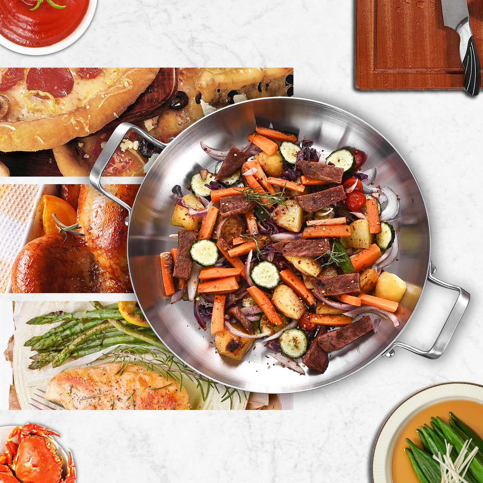 Inqibee 14 Inch Tri-Ply Stainless Steel Paella Pan with Lid - Large Induction Skillet, Omelet Pan, Griddle & Jumbo Cooker - Oven & Dishwasher Safe - Perfect for Spanish Cuisine, Family Meals & Outdoor Cooking