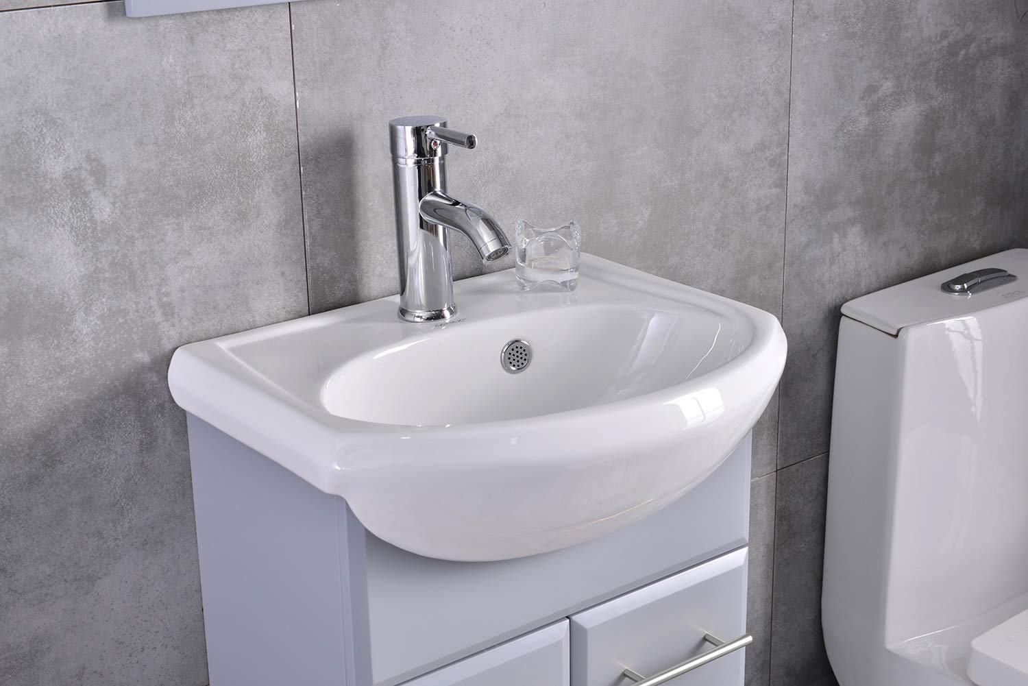 18 Inch Floor Standing Bathroom Cabinet with Mirror - Ceramic Vessel Sink, Faucet & Drain Included (Grey) - Perfect for Modern Bathroom Vanity & Small Space Storage Solution