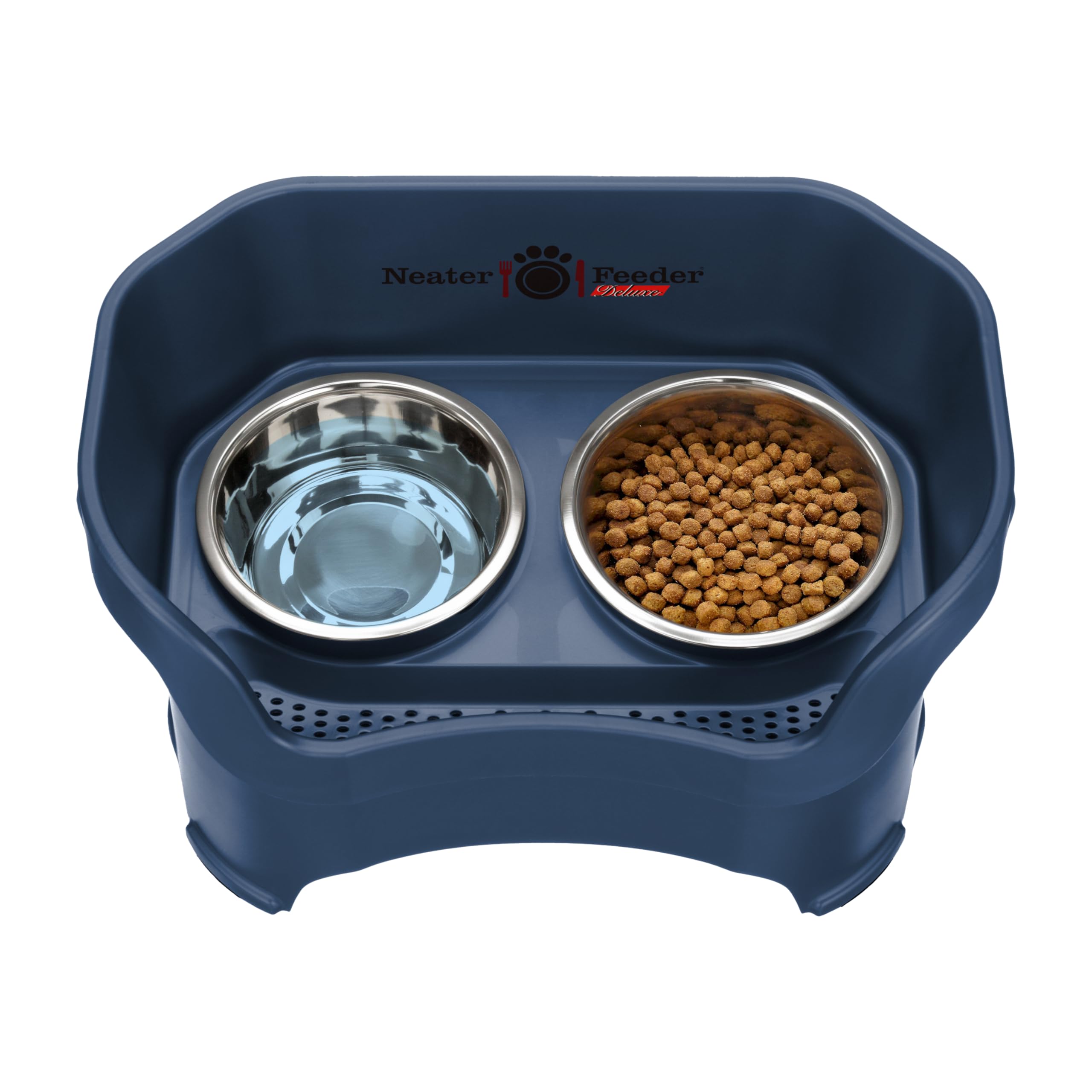 Neater Feeder Deluxe Elevated Dog Bowls for Large Breeds – No Spill Stainless Steel Pet Food & Water Bowl Set – Mess Proof Feeding Station (Dark Blue, Made in USA) – Perfect for Indoor/Outdoor Use & Easy Cleanup
