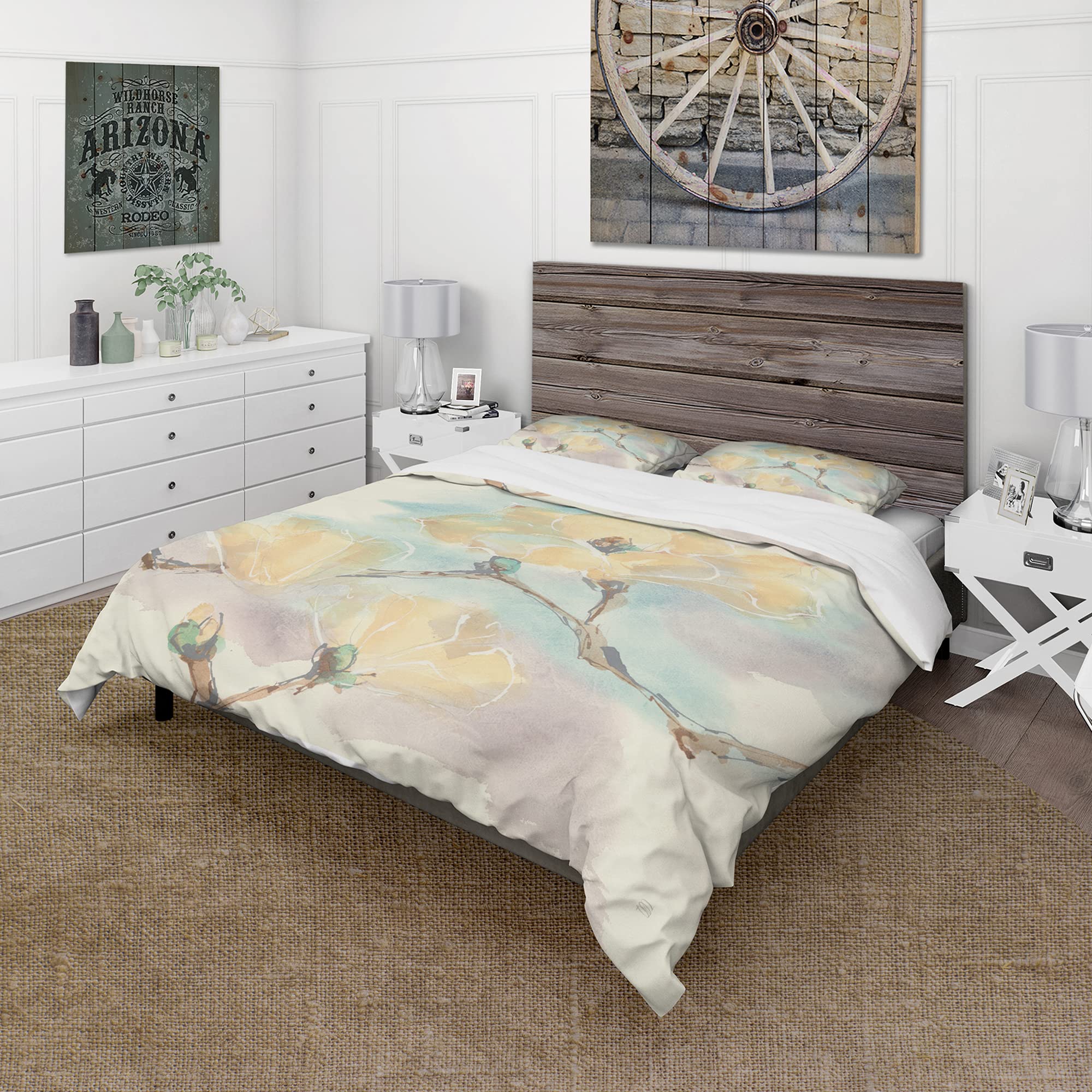 DesignQ Magnolias in White Traditional Duvet Cover Set | Blue Floral Queen Size Bedding Set (3-Piece) | All Season Comfort | Perfect for Master Bedroom, Guest Room & Vacation Homes