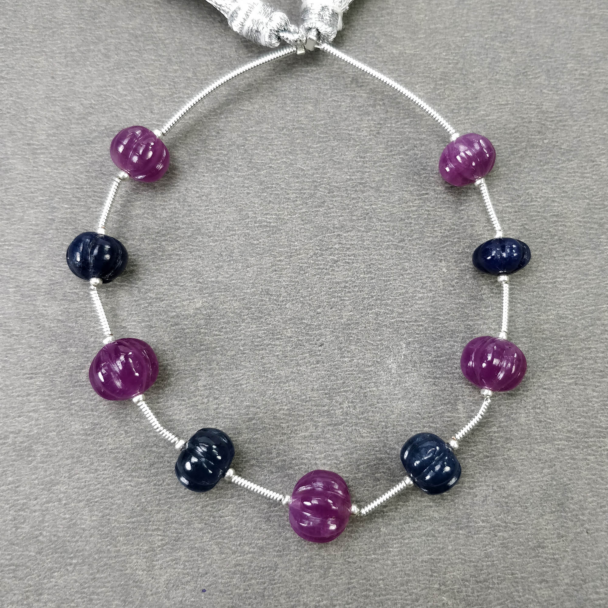 Natural Blue Sapphire & Red Ruby Gemstone Loose Beads - 51.67ct Untreated Round Hand-Carved Melon Beads (8.5mm-10mm) for Jewelry Making, DIY Crafts & Spiritual Healing