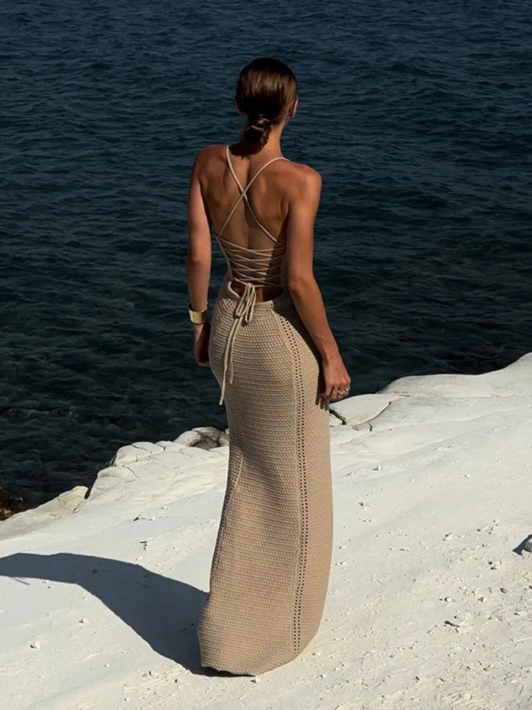 Elegant V-Neck Slim Fit Knit Maxi Dress with Hollow Out Lace Up Backless Design - Women's Summer Beach Gown for Vacation, Party & Evening Wear