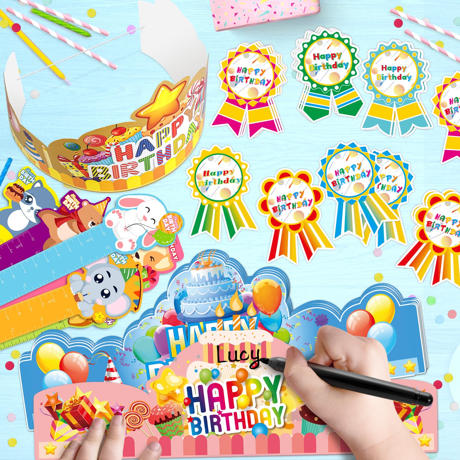 120 Pcs Happy Birthday Party Kit for Kids - Birthday Crowns, Bookmark Rulers, Silicone Bracelets, Badge Stickers & Party Hats - Perfect for Classroom Celebrations, School Parties & Teacher Supplies