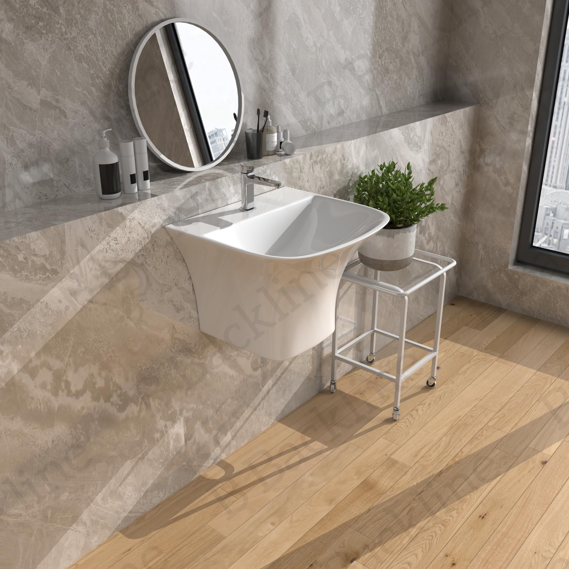 B BACKLINE 19 x 17 x 13 Inch White Ceramic Wall Mount Vessel Sink - Modern Half Pedestal Bathroom Basin for Vanity, Powder Room & Guest Bath - Easy to Clean Wall Hung Wash Basin for Contemporary Homes