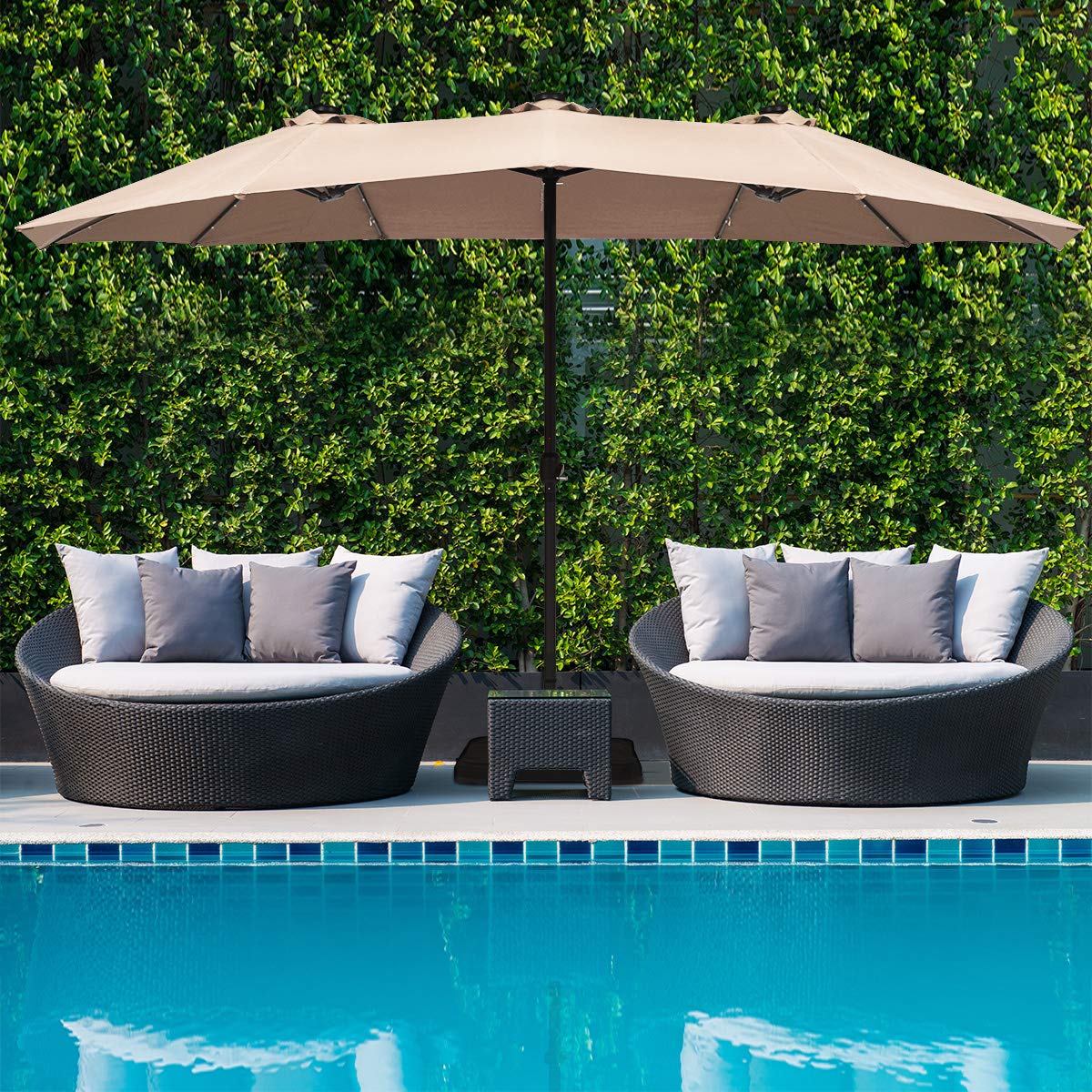 Tangkula 15 Ft Solar Powered LED Patio Umbrella - Double-Sided Outdoor Market Umbrella with 36 LED Lights, Crank Handle & Included Base - Perfect for Backyard, Poolside, and Outdoor Dining (Beige)