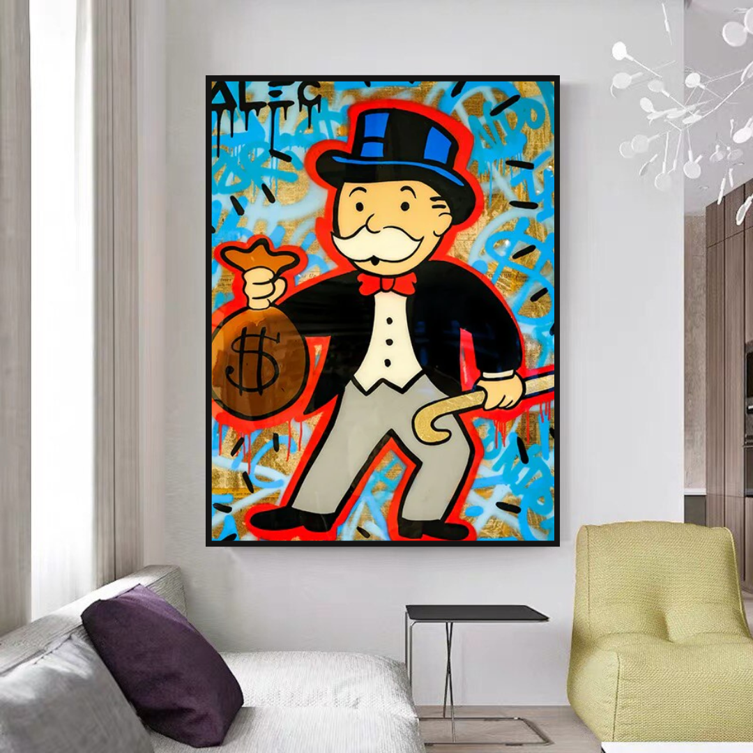 Alec Monopoly Money Bag Canvas Wall Art - Modern Pop Art Home Decor for Living Room, Bedroom & Office