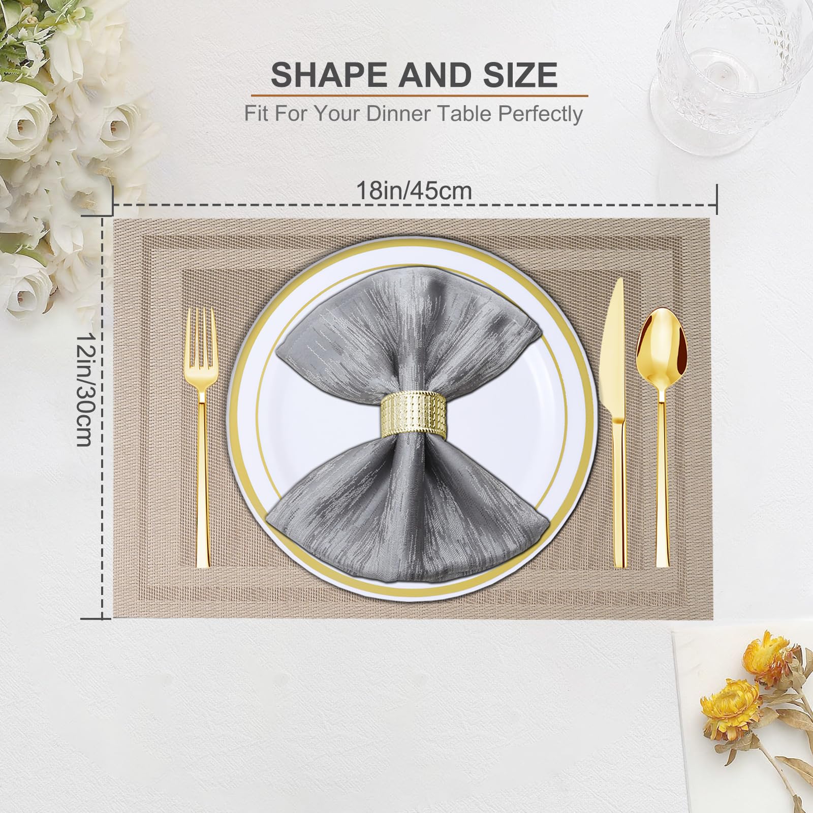 6-Piece Boho Woven Placemats Set - Waterproof Vinyl Table Mats for Indoor/Outdoor Dining - Beige Decorative Table Mats for Kitchen, Patio, and Picnic Use