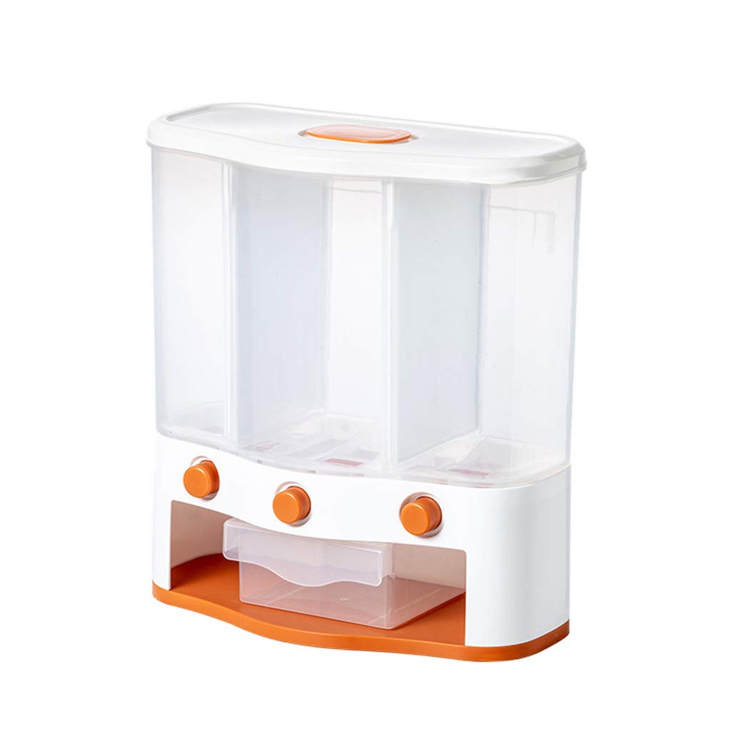 MagiDeal 6000ML Wall Mounted Rice Storage Container - 3 Grid Dry Food Organizer for Grains, Snacks & Pantry Items - Space Saving Kitchen Storage Solution (Orange) | Perfect for Small Kitchens, Pantries & Organized Food Storage