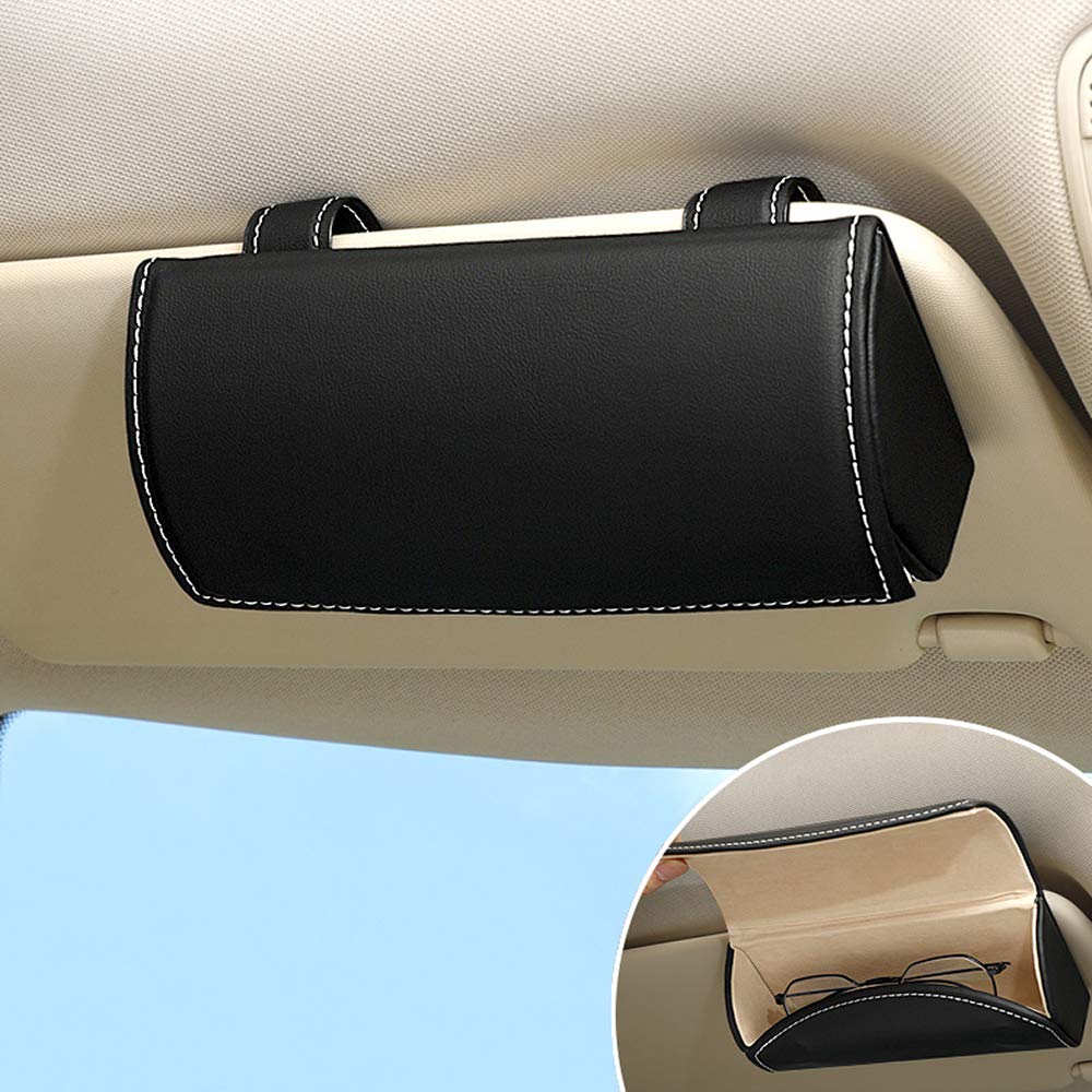 SANRILY PU Leather Car Visor Sunglasses Holder - Universal Magnetic Closure Eyeglasses Organizer for Car, SUV, Truck | Durable Protective Storage Case for Driving, Travel & Outdoor Adventures (Black)