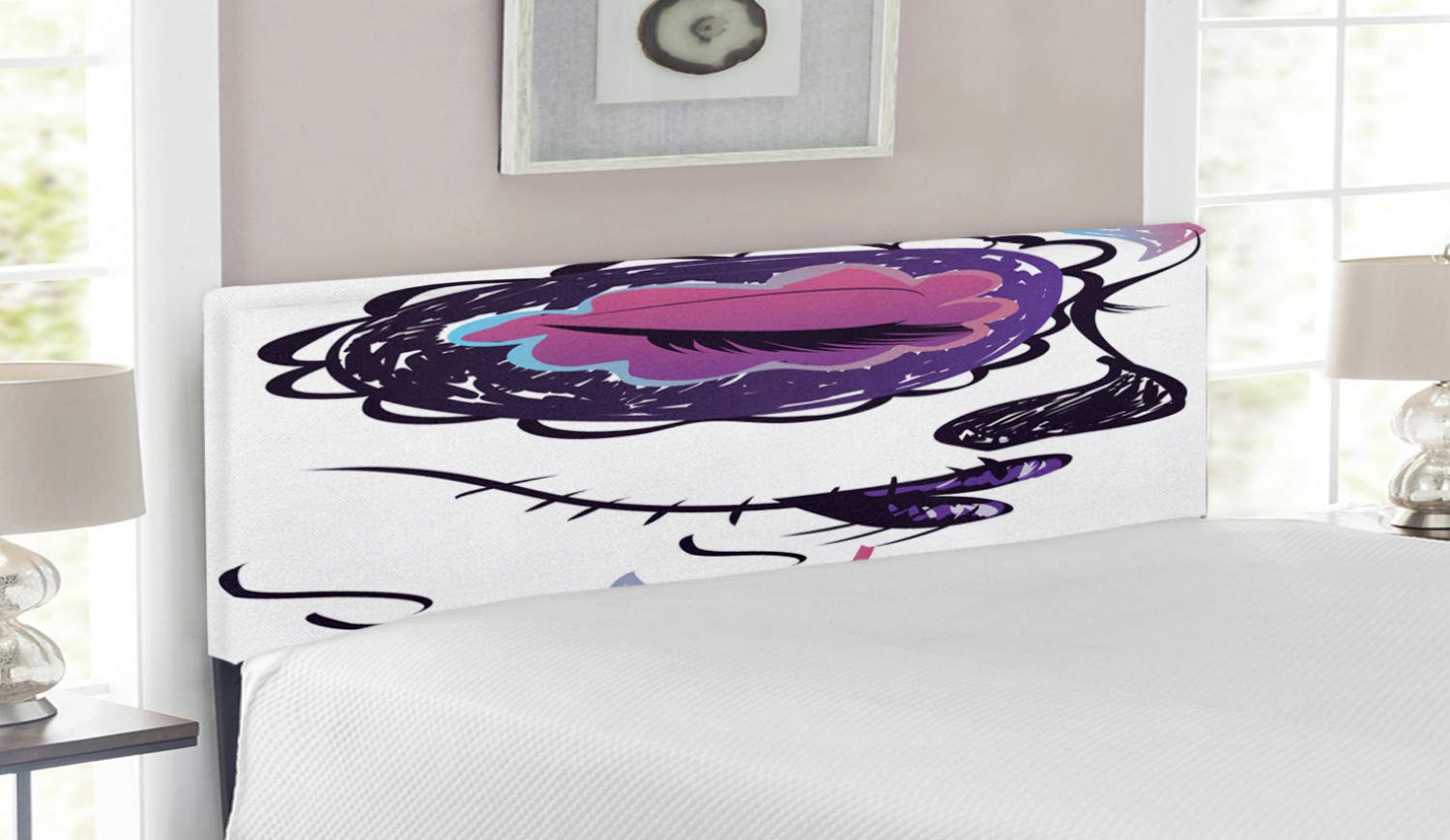 Ambesonne Sugar Skull Queen Size Headboard - Hand-Painted Mexican Day of The Dead Art with Memory Foam - Pale Orange Plum Seafoam Upholstered Metal Bed Frame - Perfect for Gothic & Boho Bedroom Decor