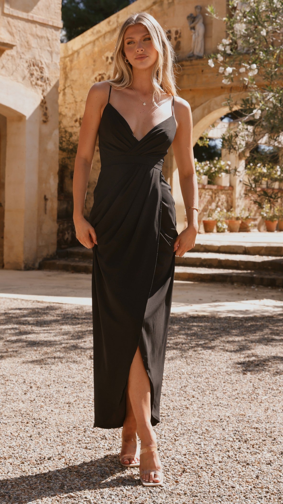 Charlotte Draped Maxi Dress for Women - Elegant Black Long Evening Gown for Parties, Weddings & Special Occasions