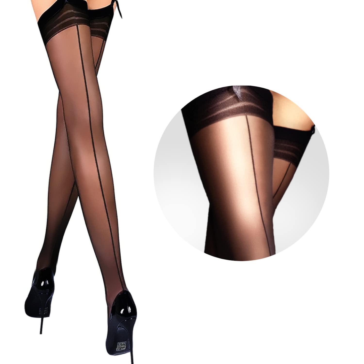 Mila Marutti Women's Seamless Thigh High Stockings | Sheer Pantyhose with Back Seam for Garter Belt | Silky Nylon Tights for Formal Wear, Date Night & Office Outfits