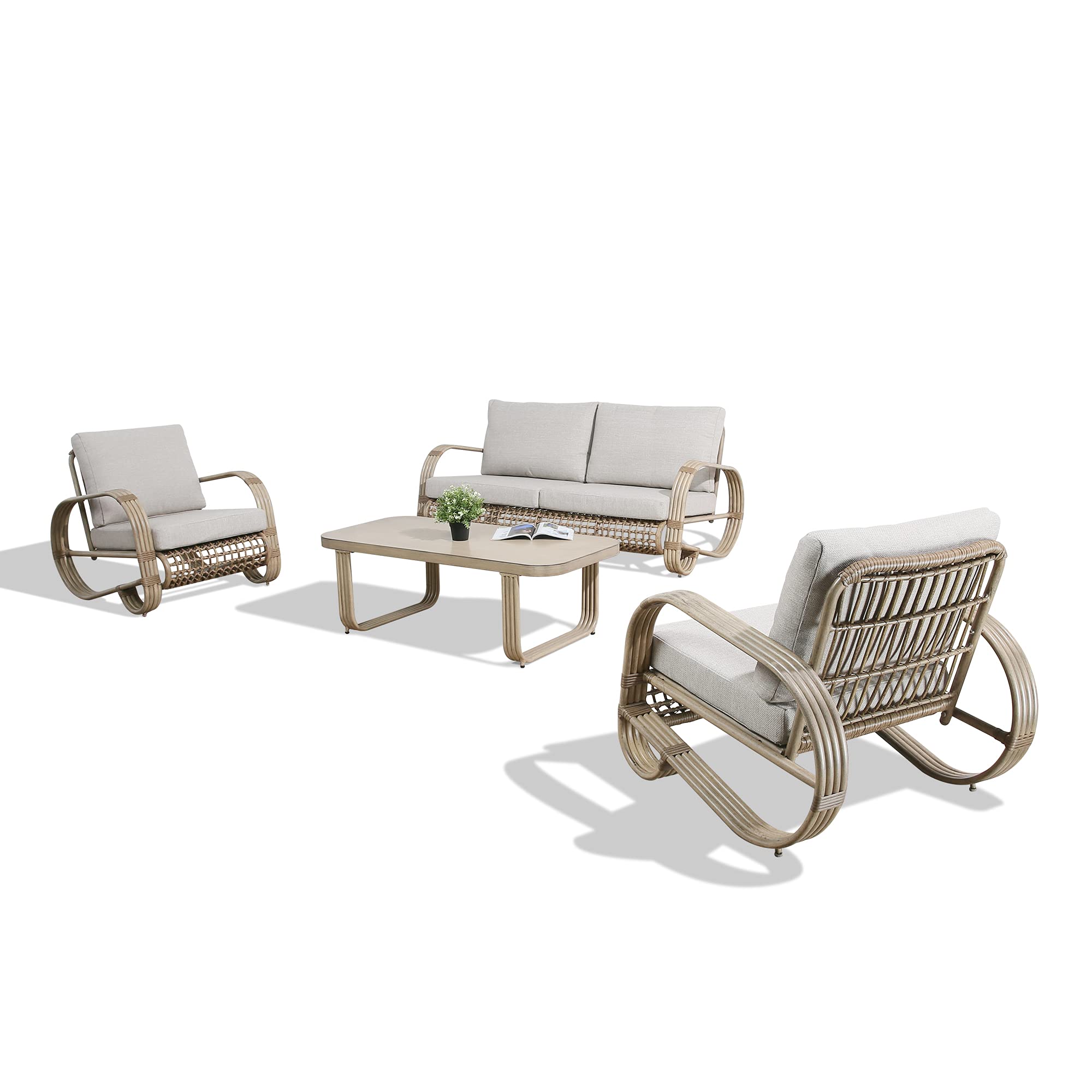4-Piece Outdoor Patio Furniture Set - 2 Loveseat Chairs with Beige Cushions & Coffee Table - Weather-Resistant Porch Conversation Sofa for Garden, Deck, Backyard (IW336-T)