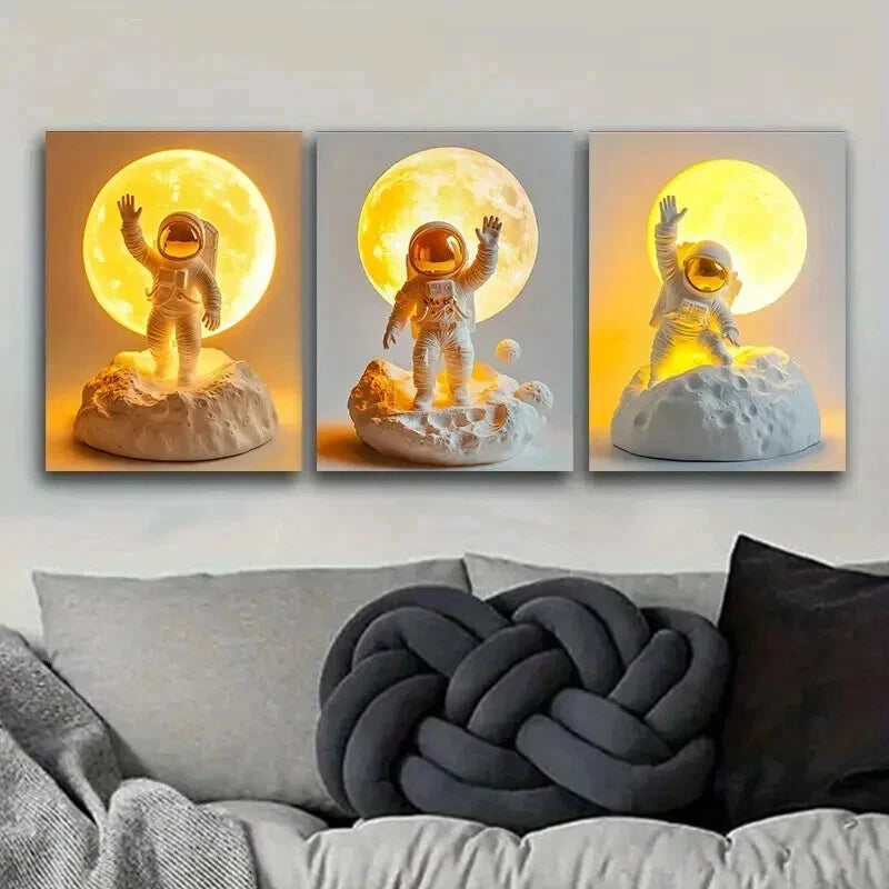 3Pcs Toy Astronauts on the Moon Wall Art Set - Framed Canvas 50x70cm, High Quality Print, 100% Australian Made, Ready to Hang - Perfect for Kids Room, Nursery, or Space Themed Decor