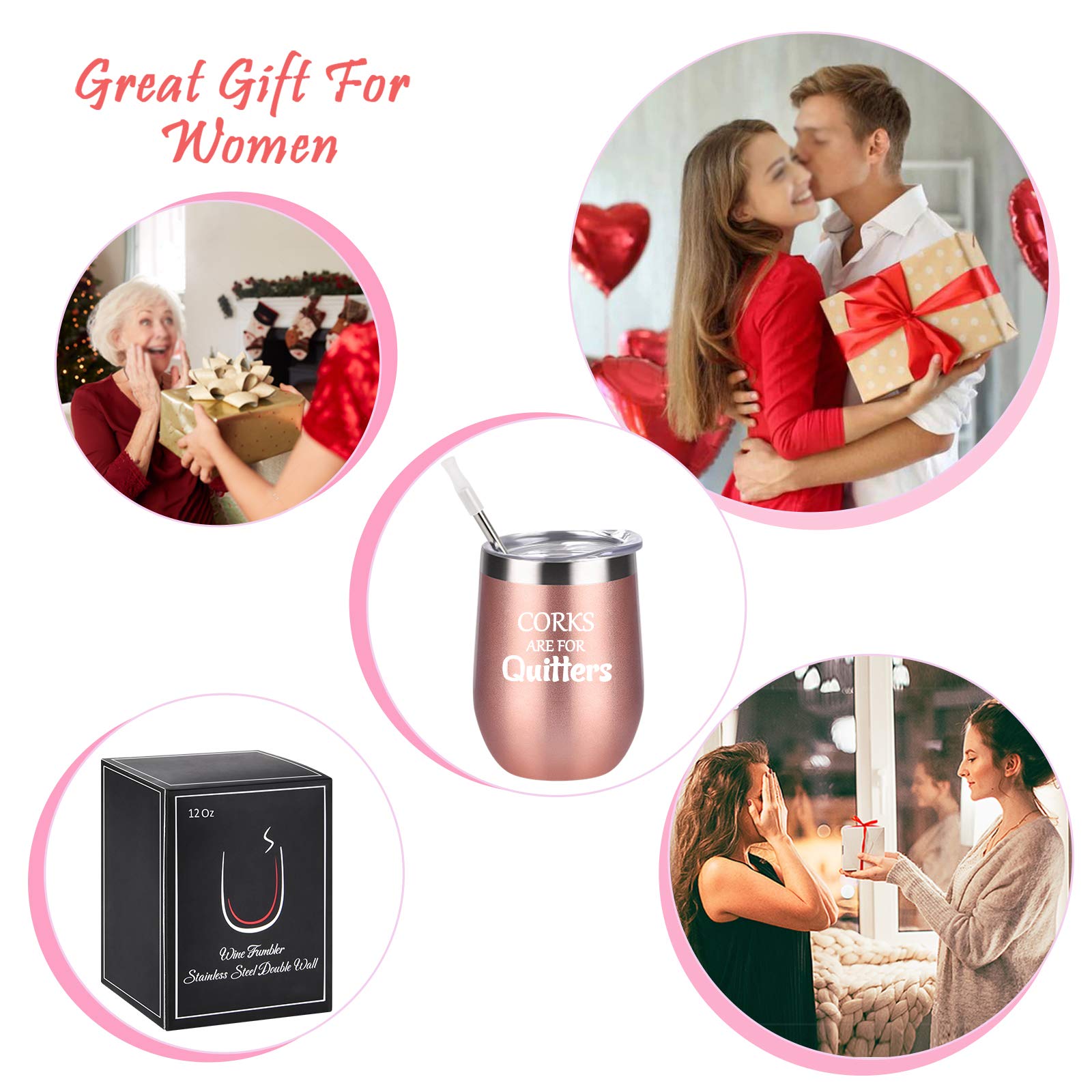 Stainless Steel Wine Tumbler with Lid - 12oz Rose Gold Insulated Stemless Cup for Women | Unique Birthday & Christmas Gift for Wine Lovers | Perfect for Parties, Picnics & Home Entertaining
