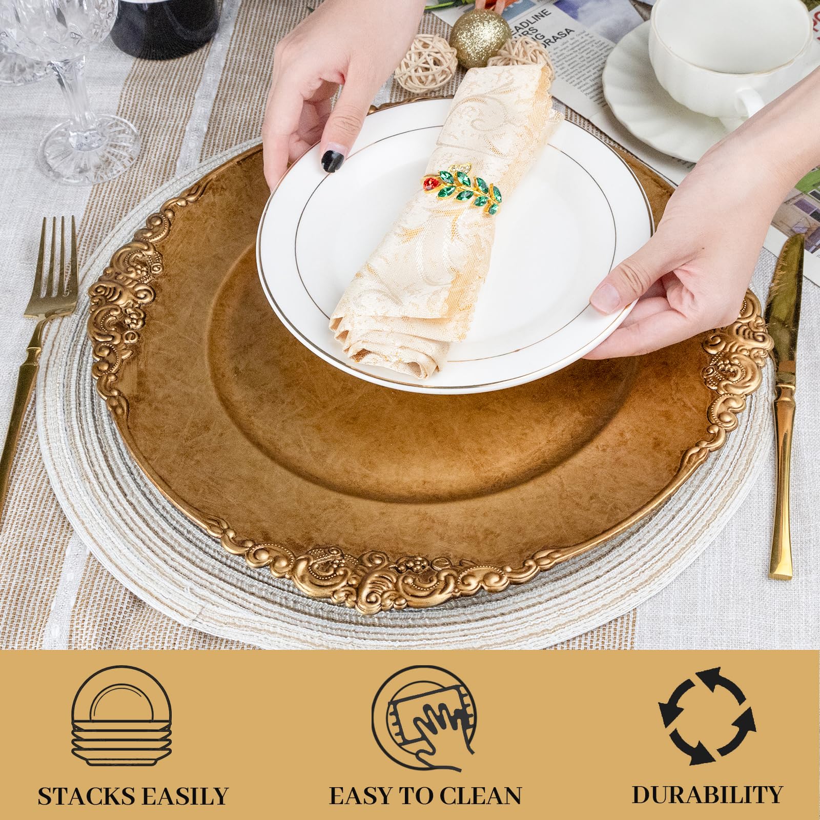 Antique Gold Charger Plates Set of 6 - 13