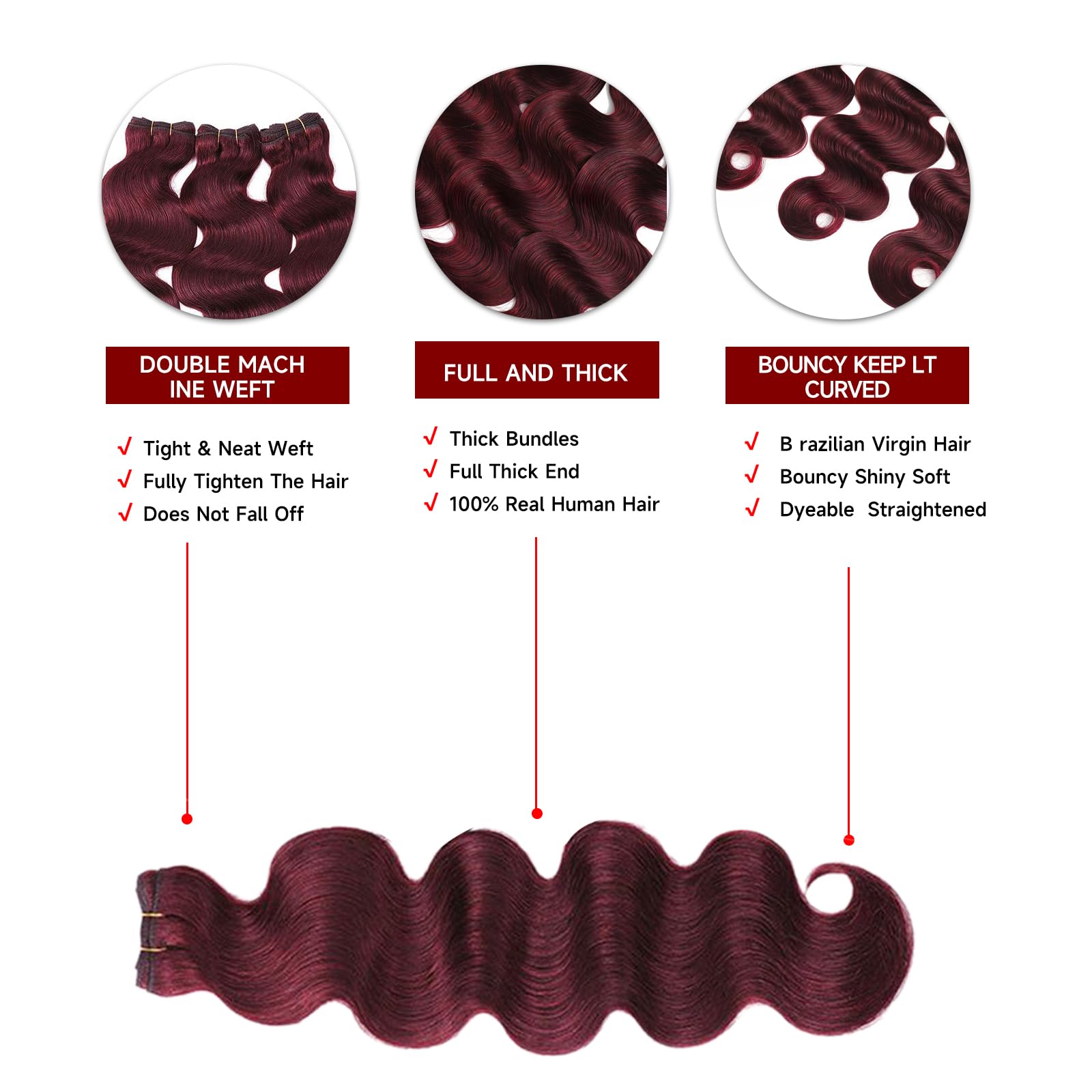 16A 99J Burgundy Body Wave Human Hair Extensions - 22 24 26 Inch Unprocessed Brazilian Virgin Hair Bundles with Baby Hair for Loose Weave | Perfect for Daily Styling, Parties & Special Occasions