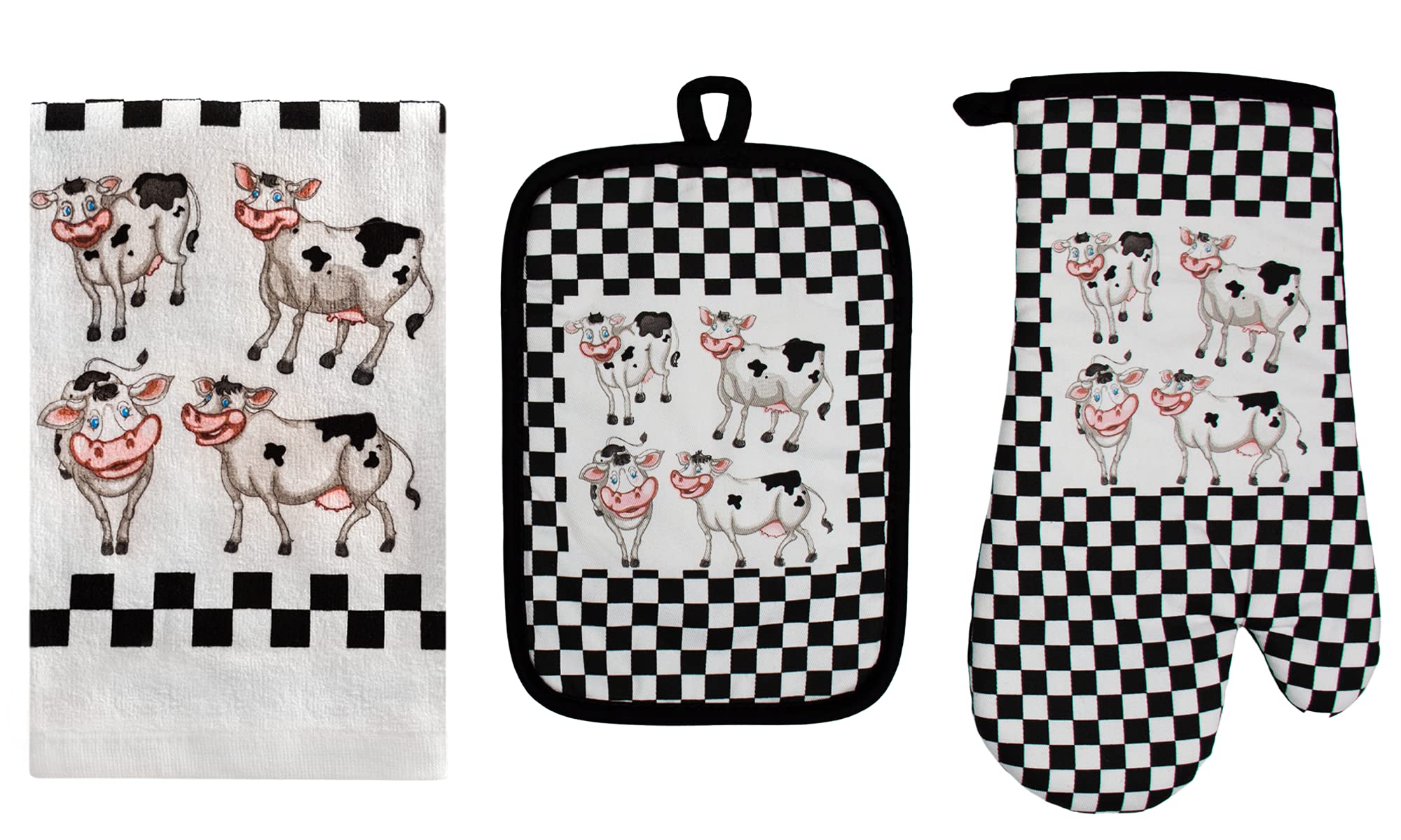 3-Piece Cow Print Oven Mitt, Potholder & Tea Towel Set - Heat Resistant & Waterproof Kitchen Accessories for Baking, Cooking & Grilling - Perfect for Home Chefs & Professional Kitchens