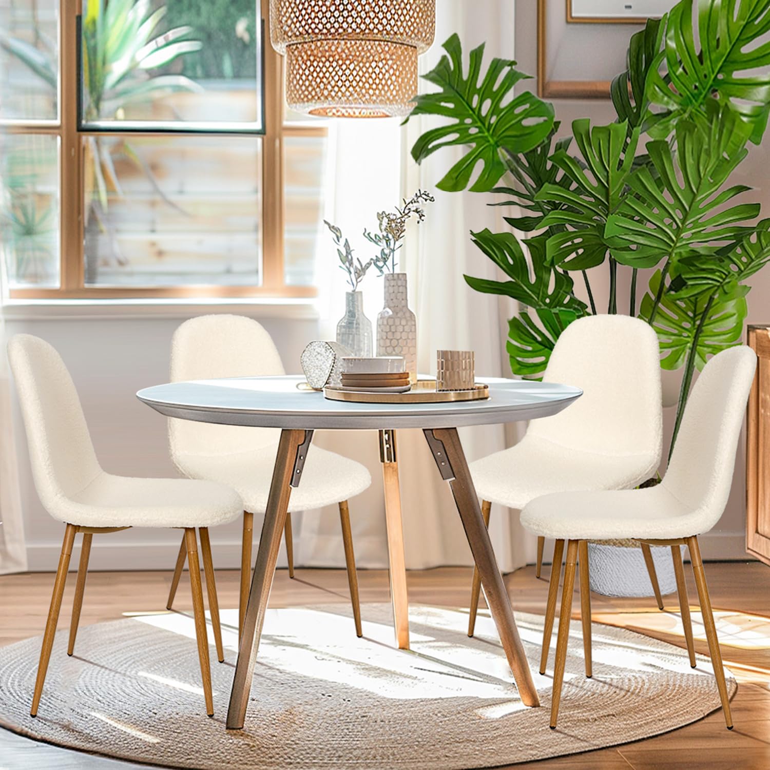 Modern CangLong 4-Piece Upholstered Dining Chair Set - Armless Fleece Kitchen Chairs with Faux Wood Metal Legs for Home, Restaurant & Office | Cream White Living Room & Dining Room Furniture