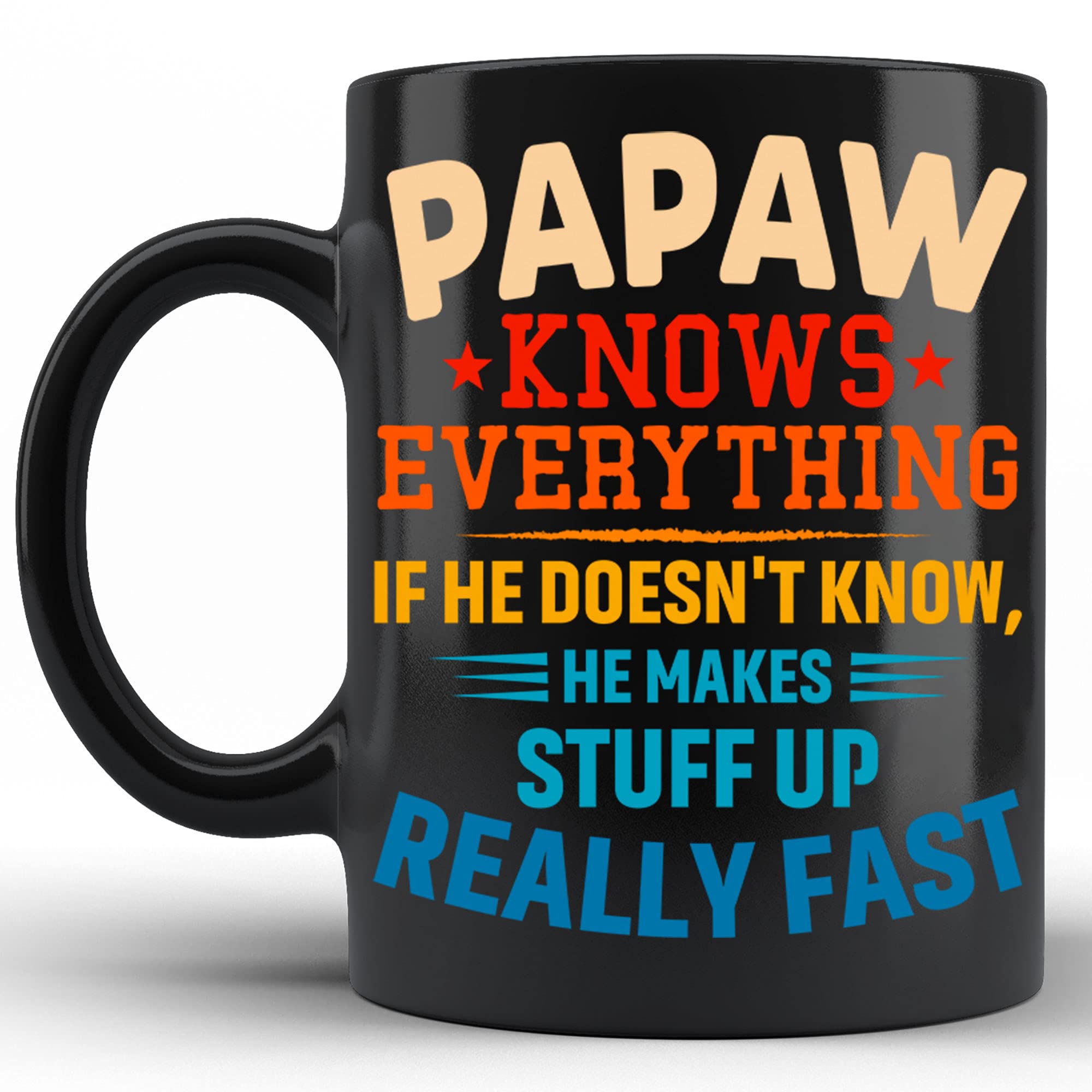 PREZZY Papaw Knows Everything Mug - 15 oz Funny Dad Coffee Cup for Father's Day, Birthday & Christmas Gifts - Novelty Ceramic Mug for Papa, Daddy, Grandpa from Kids, Son or Daughter - Perfect for Coffee, Tea & Office Use