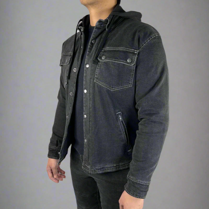 Men's Armored Denim Shirt with Removable Hoodie - Stylish Protective Jacket for Motorcycle Riding & Outdoor Adventures