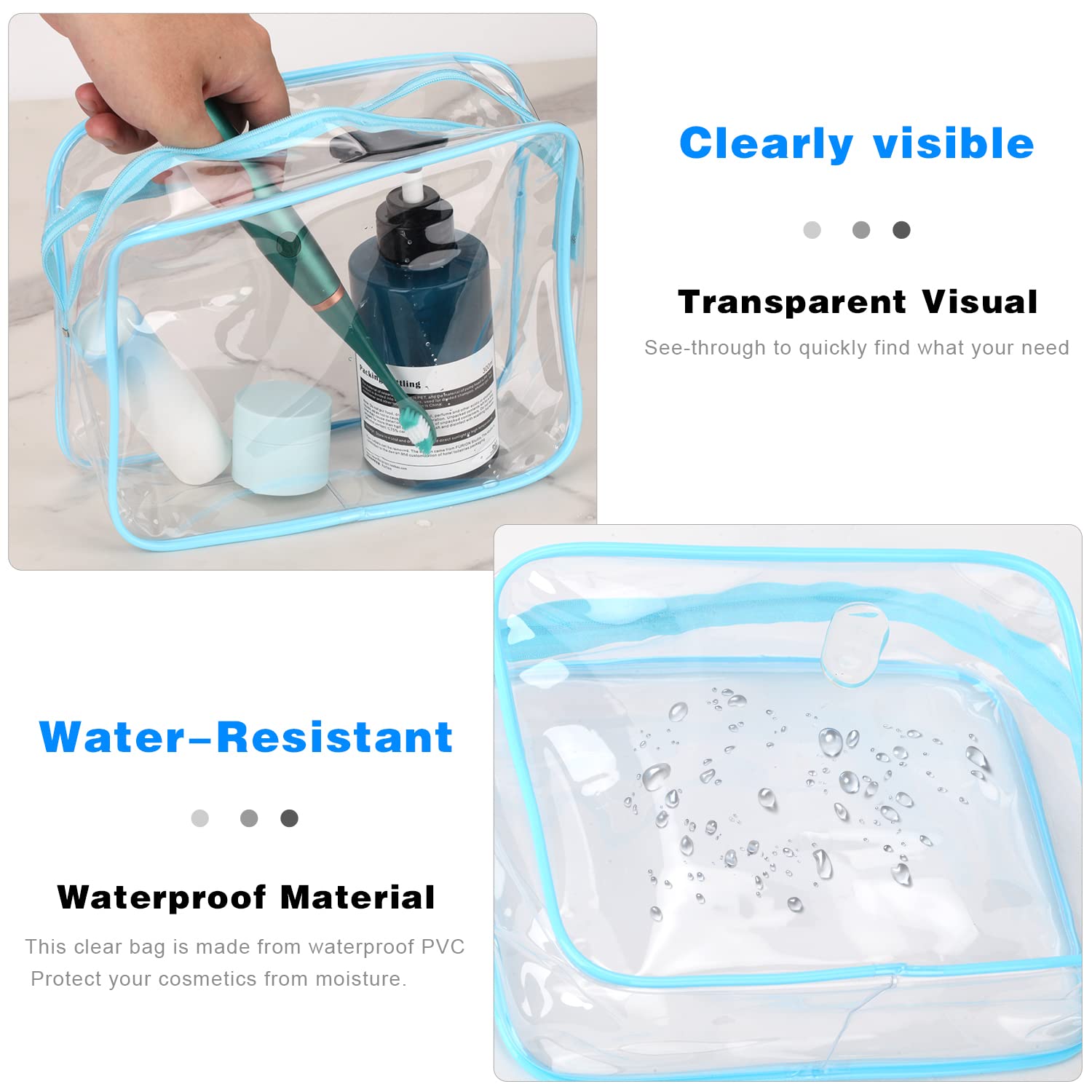 4-Piece Clear Waterproof Cosmetic Makeup Bags Set - Transparent Plastic Travel Organizer for Toiletries | Perfect Christmas Gift for Women, Wife & Girlfriends (Blue) | Ideal for Travel, Gym & Daily Beauty Storage