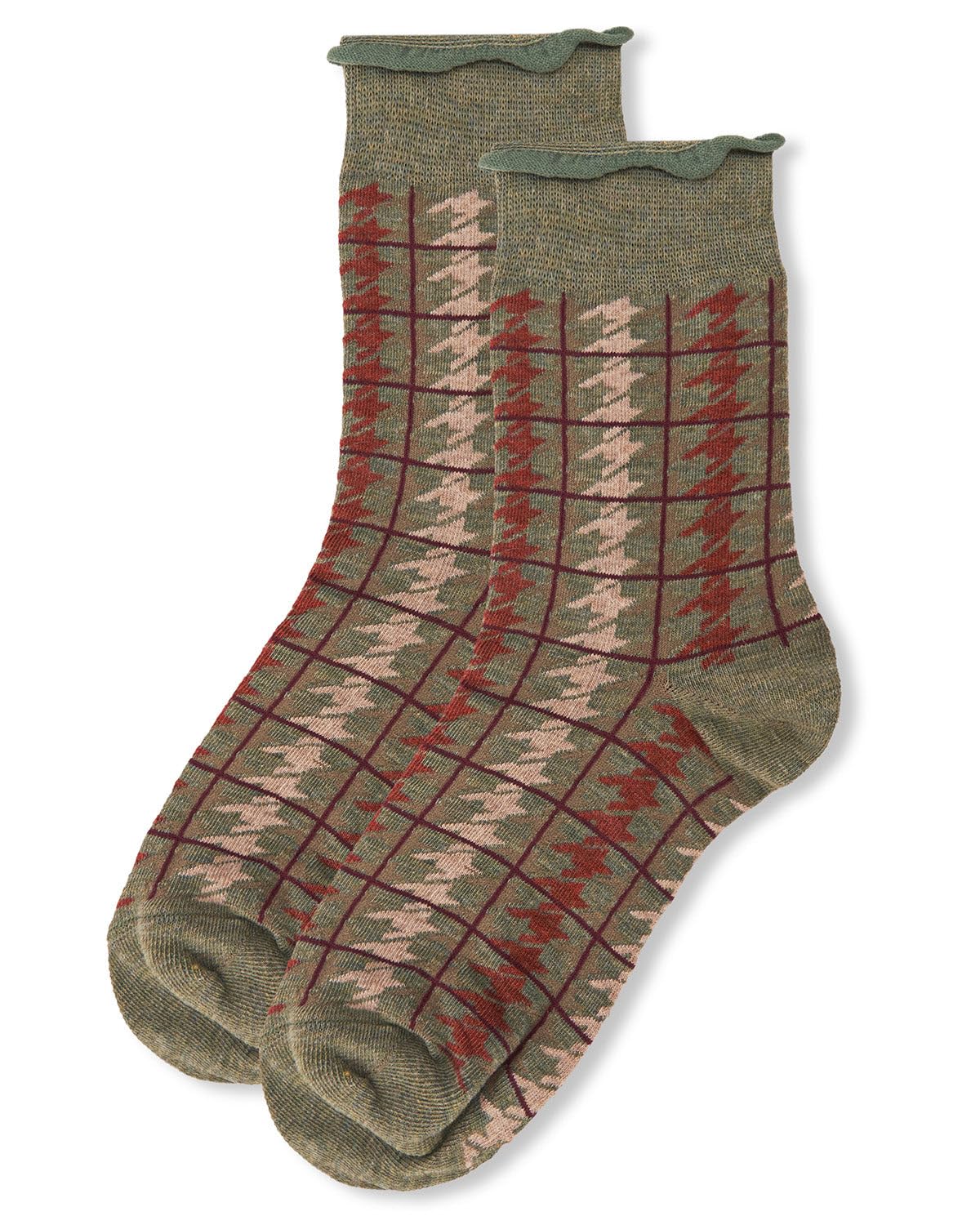 MeMoi Women's Houndstooth Plaid Roll Cuff Crew Socks - Warm & Comfortable Casual Socks for Everyday Wear, Office, and Home