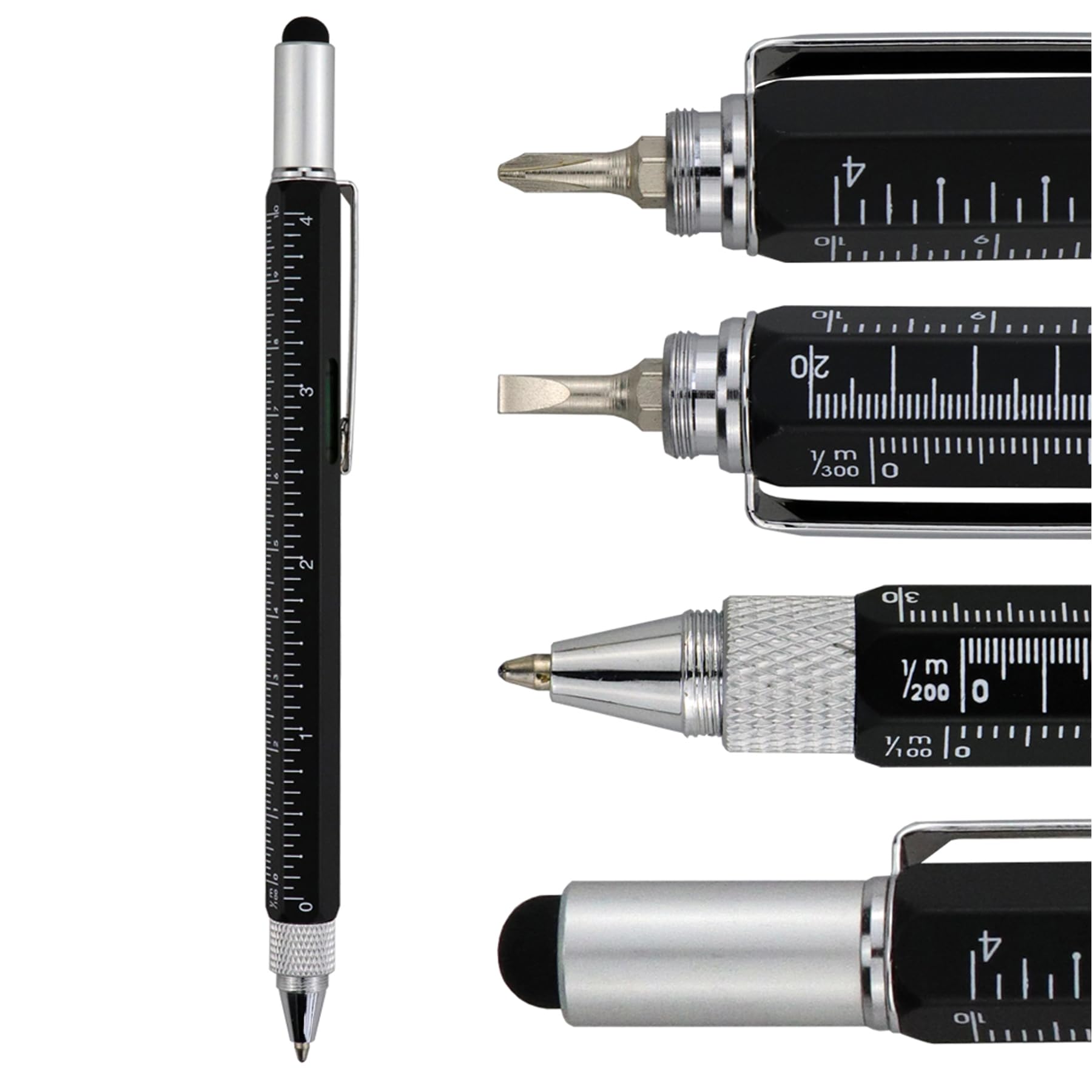 HeTaoCat 6-in-1 Multi-Tech Tool Pen with Stylus, Screwdriver, Ruler & Level Gauge - Black Ballpoint Pen for DIY, Construction & Office Use - Perfect Gift for Tech Enthusiasts & Professionals