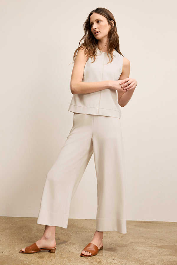 Elena Culotte Everyday Crepe Pants with Topstitch Detail - Comfortable Eggshell Women's Trousers for Work, Office & Casual Wear