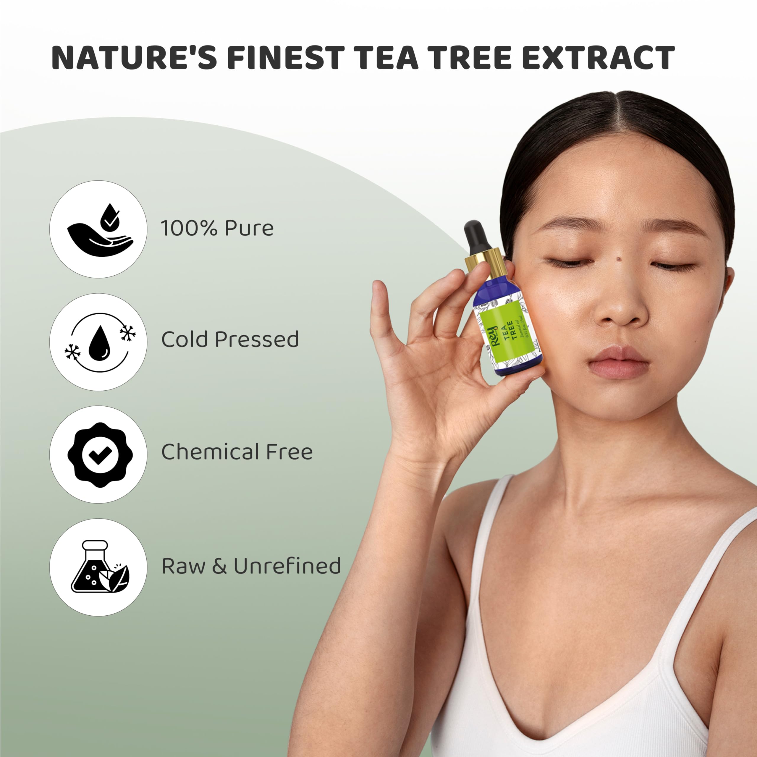 Rey Naturals 100% Pure Tea Tree Essential Oil for Hair Growth, Scalp Care, Acne Treatment & Aromatherapy | Natural Remedy for Dandruff, Stress Relief & Skin Care | Perfect for Diffusers, Massage & DIY Beauty - 15ml Bottle