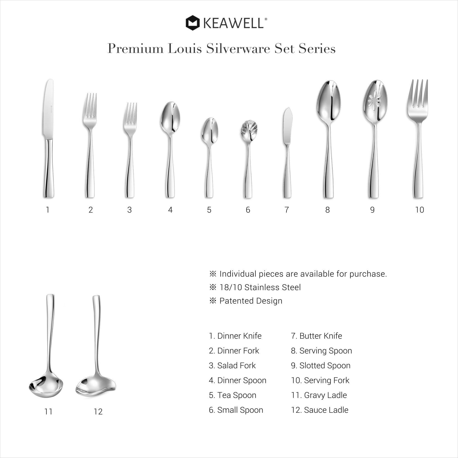 KEAWELL Premium 20/45/65-Piece Louis Silverware Set - 18/10 Stainless Steel Flatware for 4/8/12 People - Elegant Dining Utensils Set - Dishwasher Safe - Perfect for Dinner Parties, Weddings & Everyday Use (65-Piece)