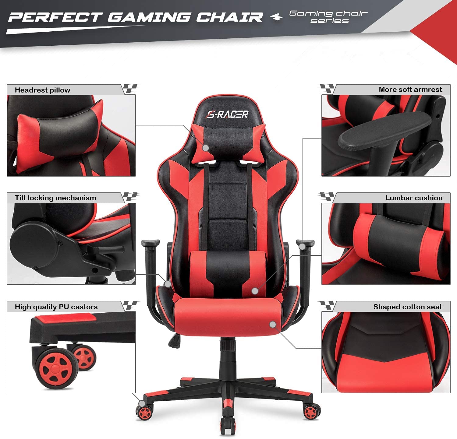 **Furniwell Ergonomic Gaming Chair - High Back Office Chair with Adjustable Headrest & Lumbar Support for PC, Computer Desk - Red - Perfect for Gaming, Work & Home Office**