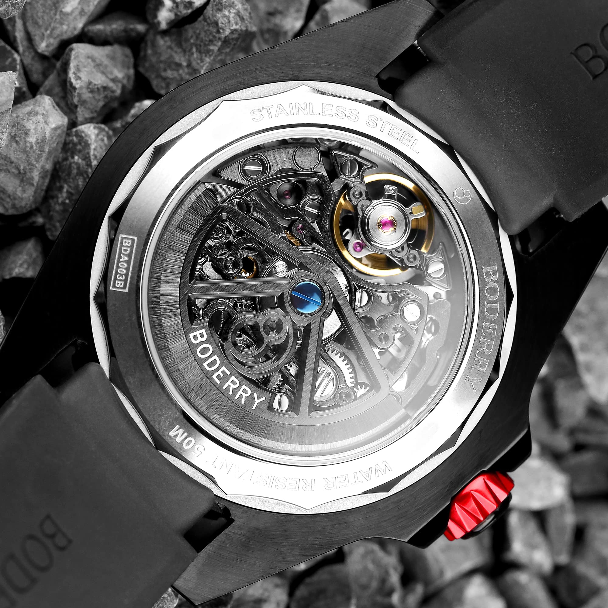 BODERRY Skeleton Men's Watch - Titanium Automatic Mechanical Watch with 72H Power Reserve, 5ATM Waterproof, Luminous Sapphire Crystal & Leather Strap - Steampunk Style Gift for Urban Professionals, Business Meetings, and Nightlife