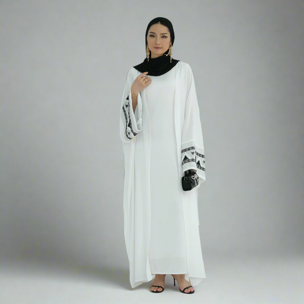 Amber Open Abaya Kimono - White | Elegant Muslim Women's Prayer Dress | Perfect for Prayer, Mosque, and Special Occasions