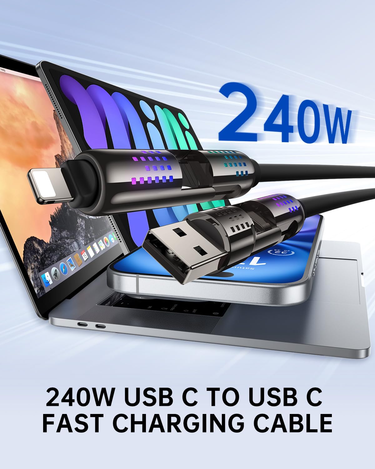 SYNCWIRE 4-in-1 USB Charging Cable (4FT) 240W Fast Charging Cable with USB/USB-C/Lightning Ports - Compatible with iPhone 16/15 Series, MacBook Pro, iPad, Galaxy S24/S23+, Android Auto - Perfect for Home, Office & Travel Charging