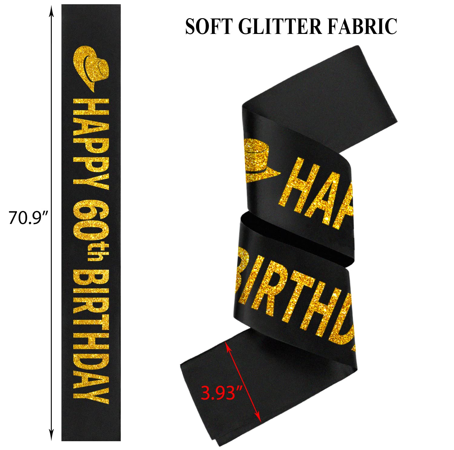 60th Birthday Gifts for Men - Gold 60 Year Old Party Hat & Sash Set - 60 Birthday Decorations & Favors - Perfect for Milestone Celebrations, Retirement Parties & Special Occasions