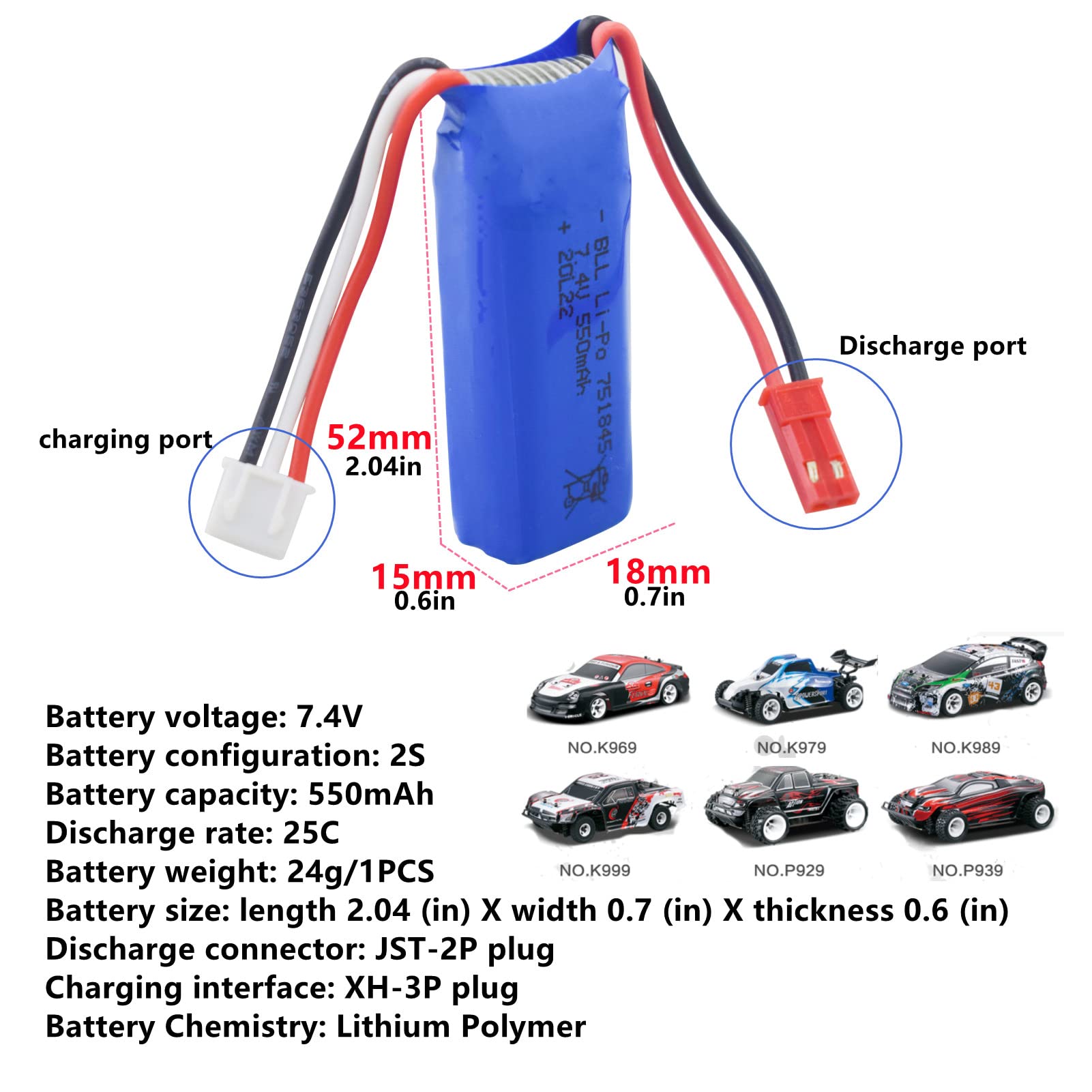 2PCS 7.4V 550mAh High-Rate Lithium Battery with 2-in-1 Charger for WLtoys K969 K979 K989 K999 P929 P939 284131 RC Cars - Perfect for High-Speed Racing and Off-Road RC Vehicle Performance