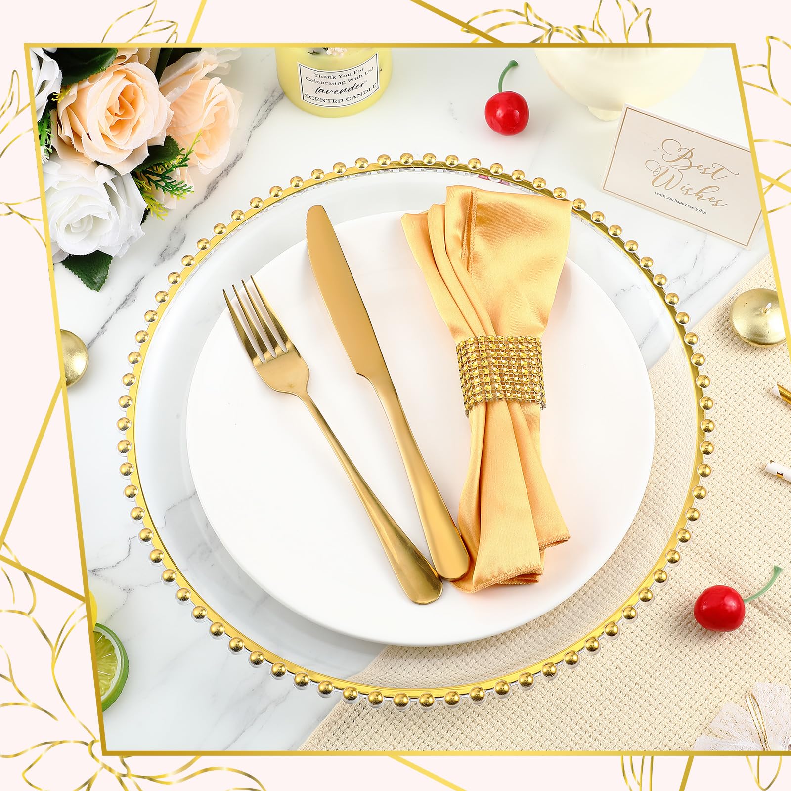 Uiifan 100 Pcs 50 Sets Clear Gold Charger Plates & Napkin Rings - 13 Inch Plastic Beaded Rim Acrylic Dinner Plates for Wedding, Party, Banquet Table Decorations - Elegant Table Setting for Formal Events & Holiday Dinners