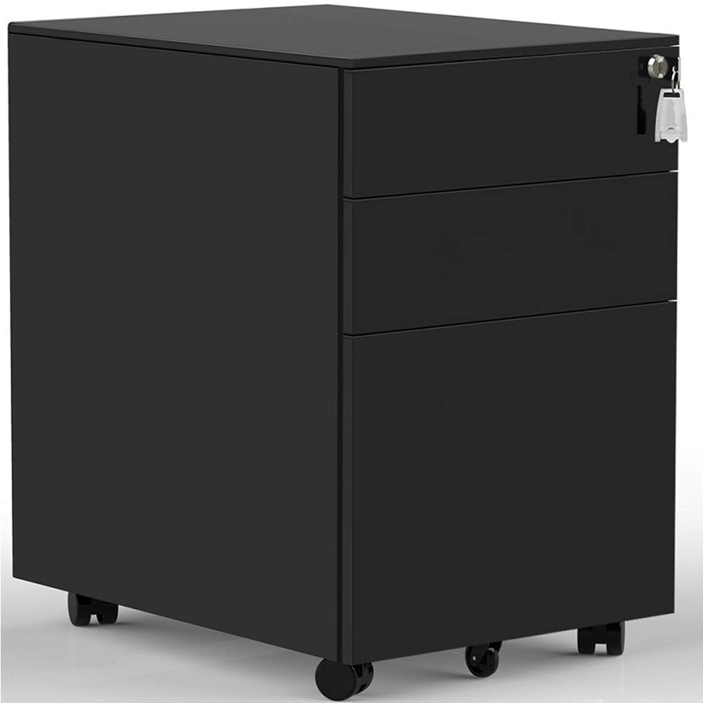 3-Drawer Mobile File Cabinet with Lock - Rolling Under Desk Storage Organizer, Fully Assembled Black File Cabinet for Office, Home & School Use