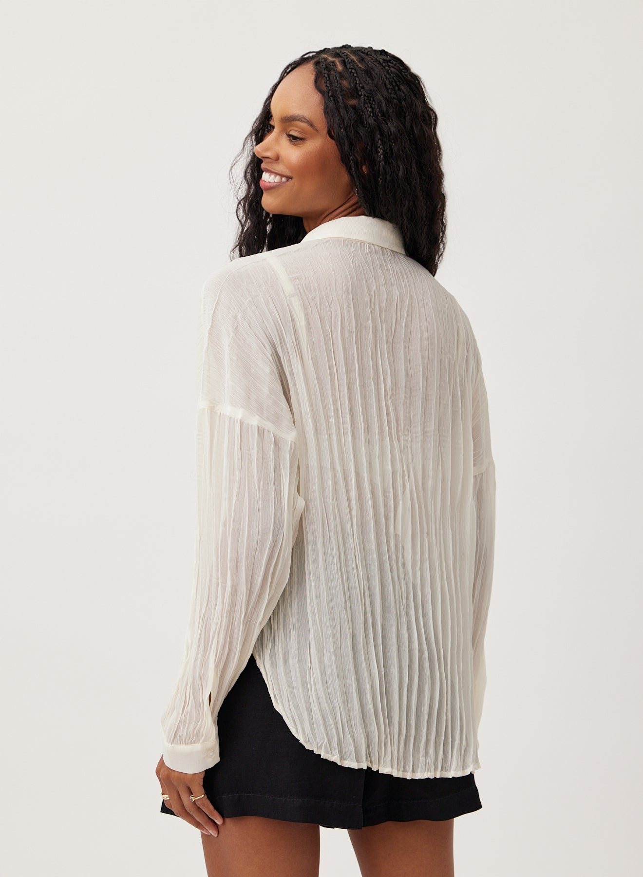 Elegant Flowy Pleated Shirt in French Ivory - Women's Fashion Blouse for Work, Date Night & Casual Outfits