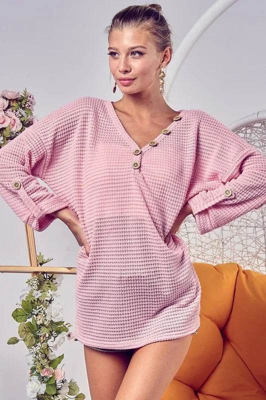 Bibi Popcorn Waffle Top with Buttoned Placket in Blush Pink - Women's Casual Blouse for Work, Date Night & Everyday Wear