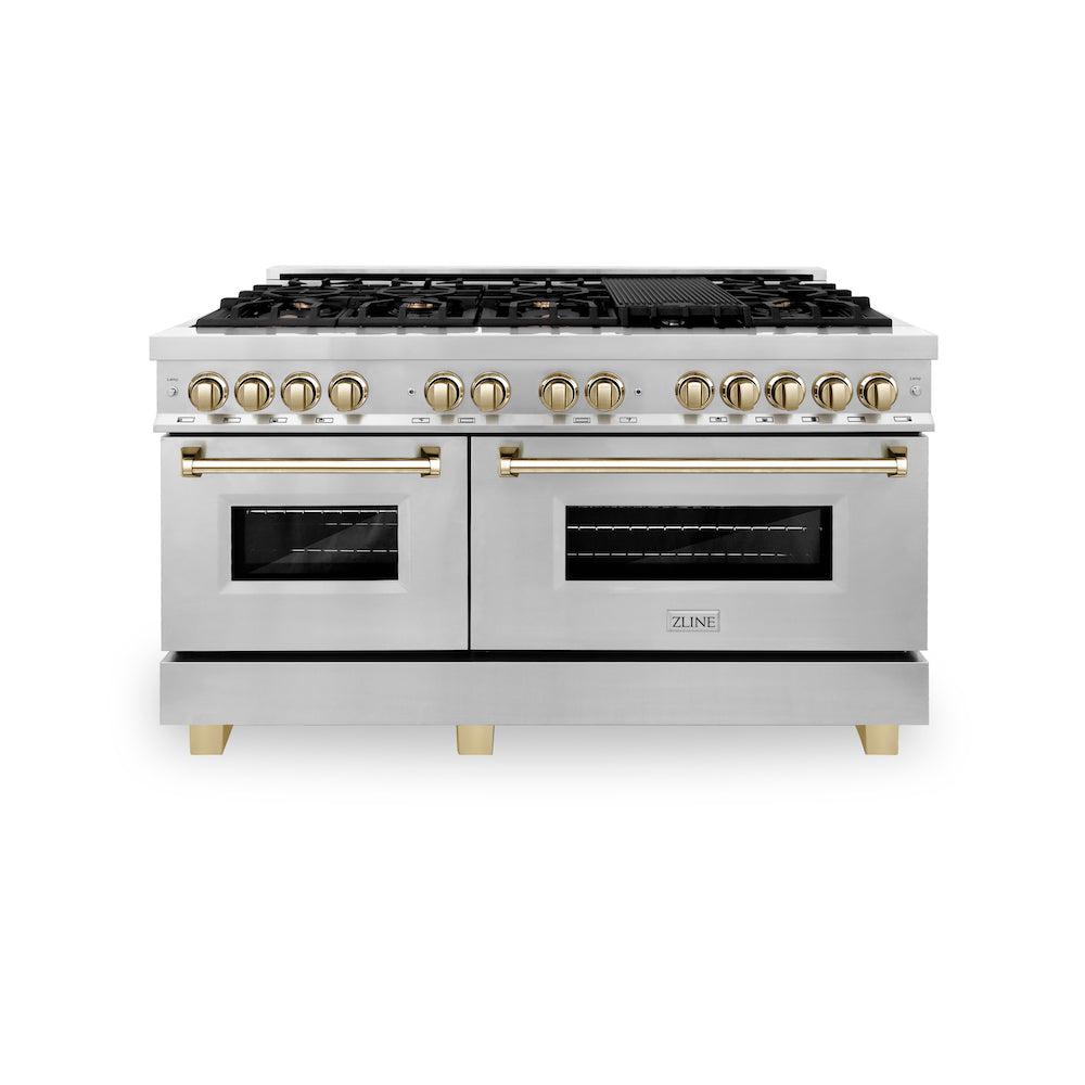 ZLINE RAZ 60 G Autograph Edition 60-Inch Dual Fuel Range - 7.4 cu.ft Capacity, 9-Burner Gas Cooktop & 2 Electric Convection Ovens - Stainless Steel with Polished Gold Accents - Perfect for Professional Kitchens & Luxury Home Cooking