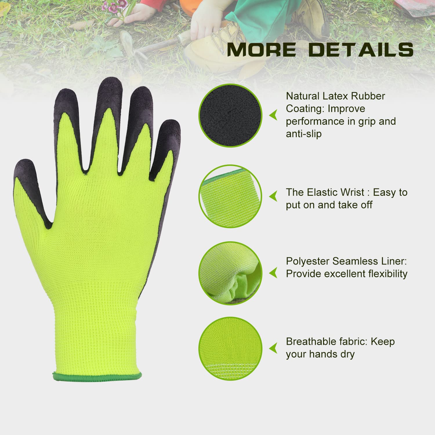 Kids Gardening Gloves 3 Pairs - Age 3-12, Rubber Work Gloves for Boys & Girls - Outdoor Play & Planting