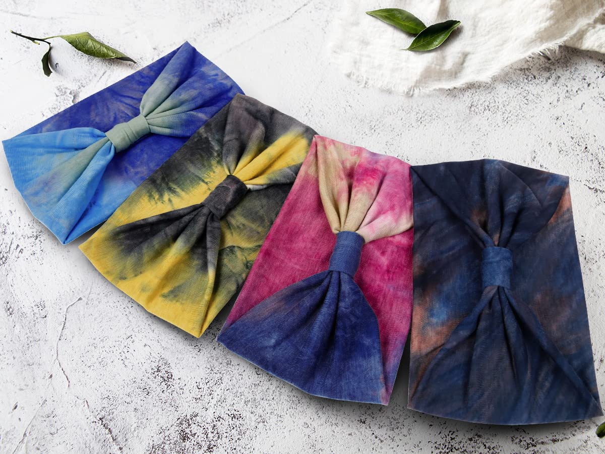 Tie Dye Headbands for Women - Wide Boho Head Wraps, Thick Hairbands & African Style Yoga Turban - Pack of 4 Hair Accessories for Sports, Workouts, and Everyday Fashion