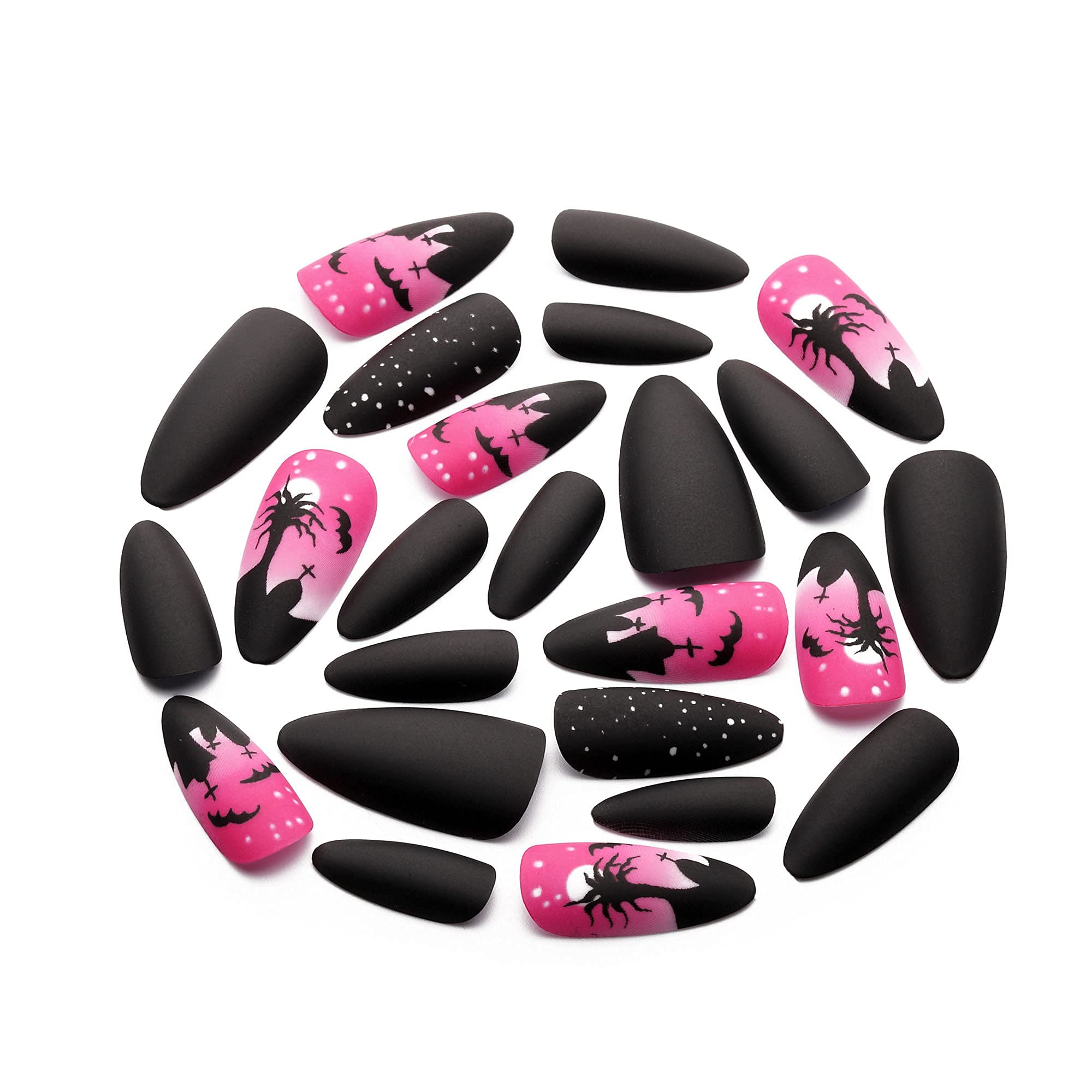 24pcs Halloween Coffin Fake Nails - Medium Length Full Cover Artificial Nails with Spooky Spider Design & 2g Glue for Nail Salon, DIY Nail Art - Perfect for Women's Halloween Party & Gothic Nail Decoration